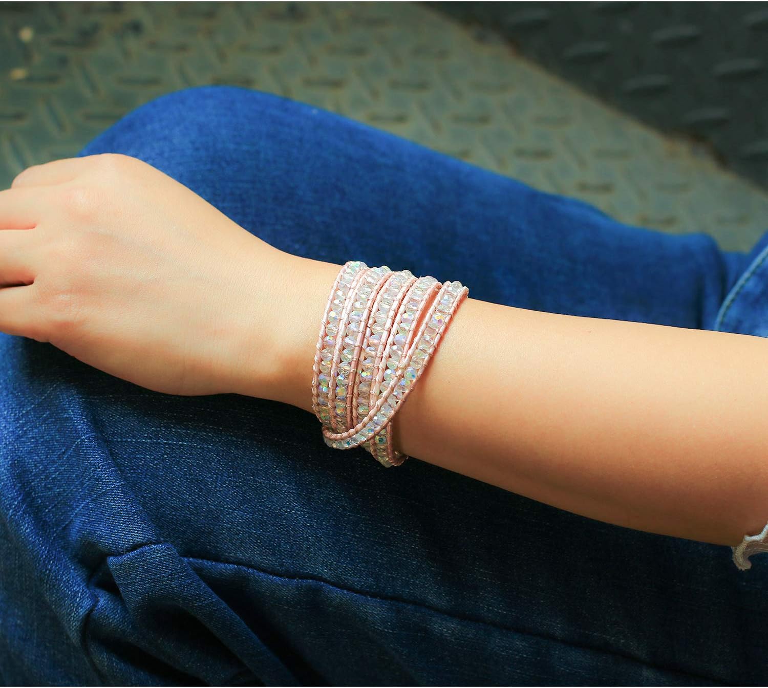 KELITCH Crystal Pearl Mix Beads 5 Wrap Bracelet Leather Cuff Bracelet Handmade Adjustable Fashion Jewelry For Women