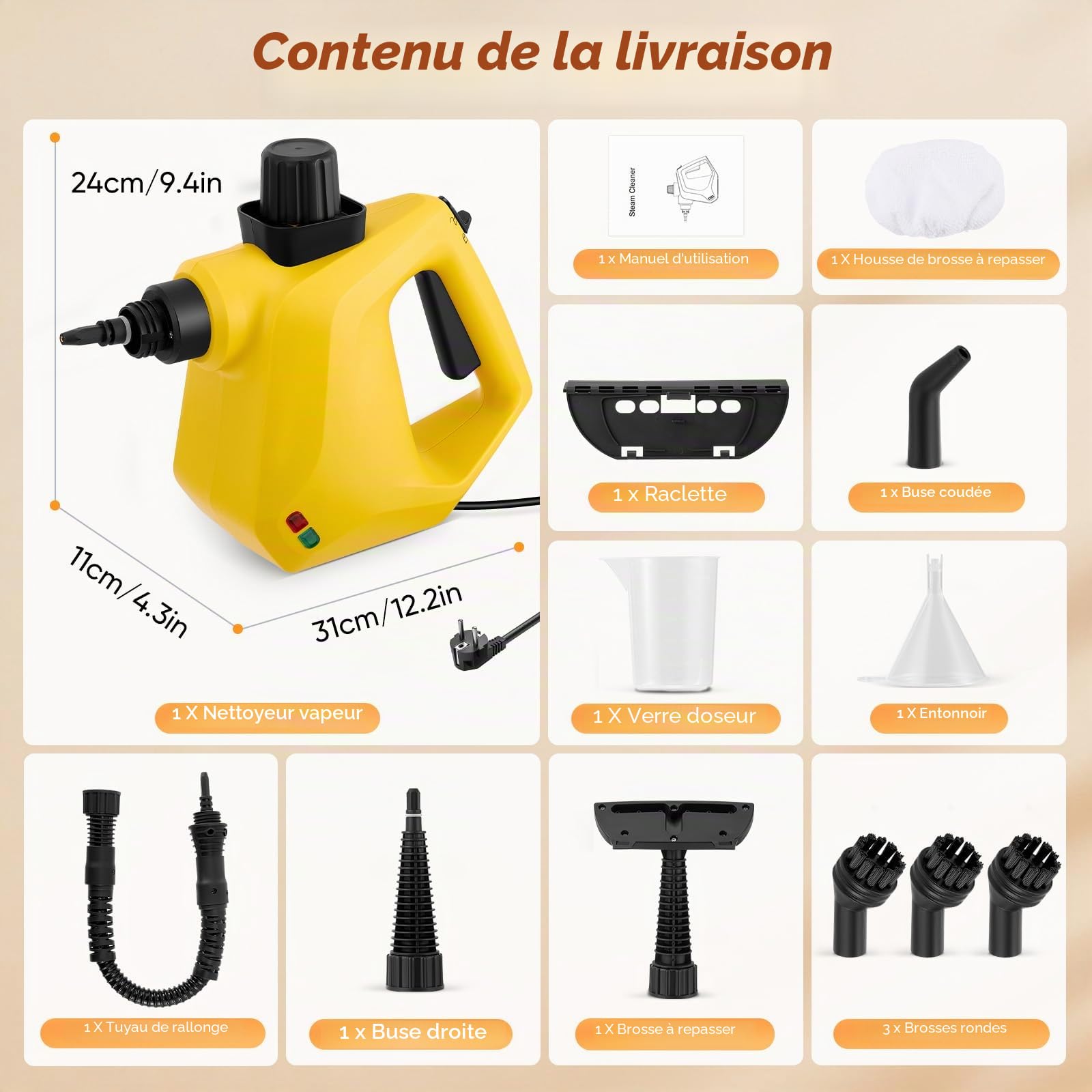 Nettoyeur Vapeur,Nettoyeur Vapeur Portable avec serrure de sécurité et kit d'accessoires de 10 pièces,Steam Cleaner pour Taches sur Vitres,lit,Matelas,Tapis,Voiture,Cuisines（Jaune）