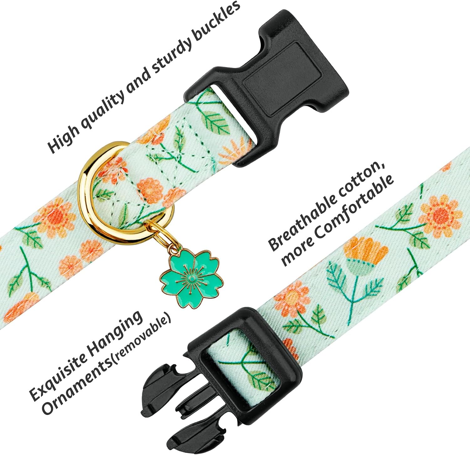Cotton Dog Collar Green Sunflower with Pendant Cute Dog Collar S image 2