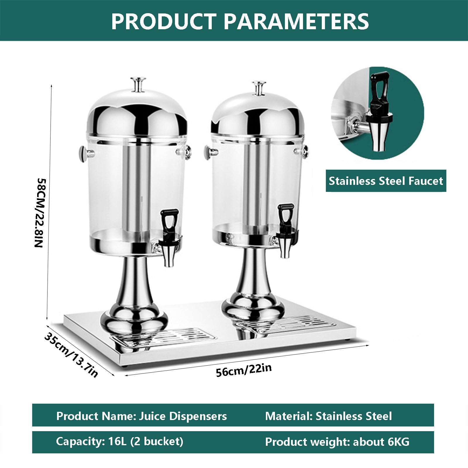 Dispensador de Bebidas con Grifo/dispensador de zumos fríos y Leche de Soja de Acero Inoxidable para una fácil Limpieza/Capacidad de 16 L para Uso Comercial, Buffet, restaurantes, Color pl