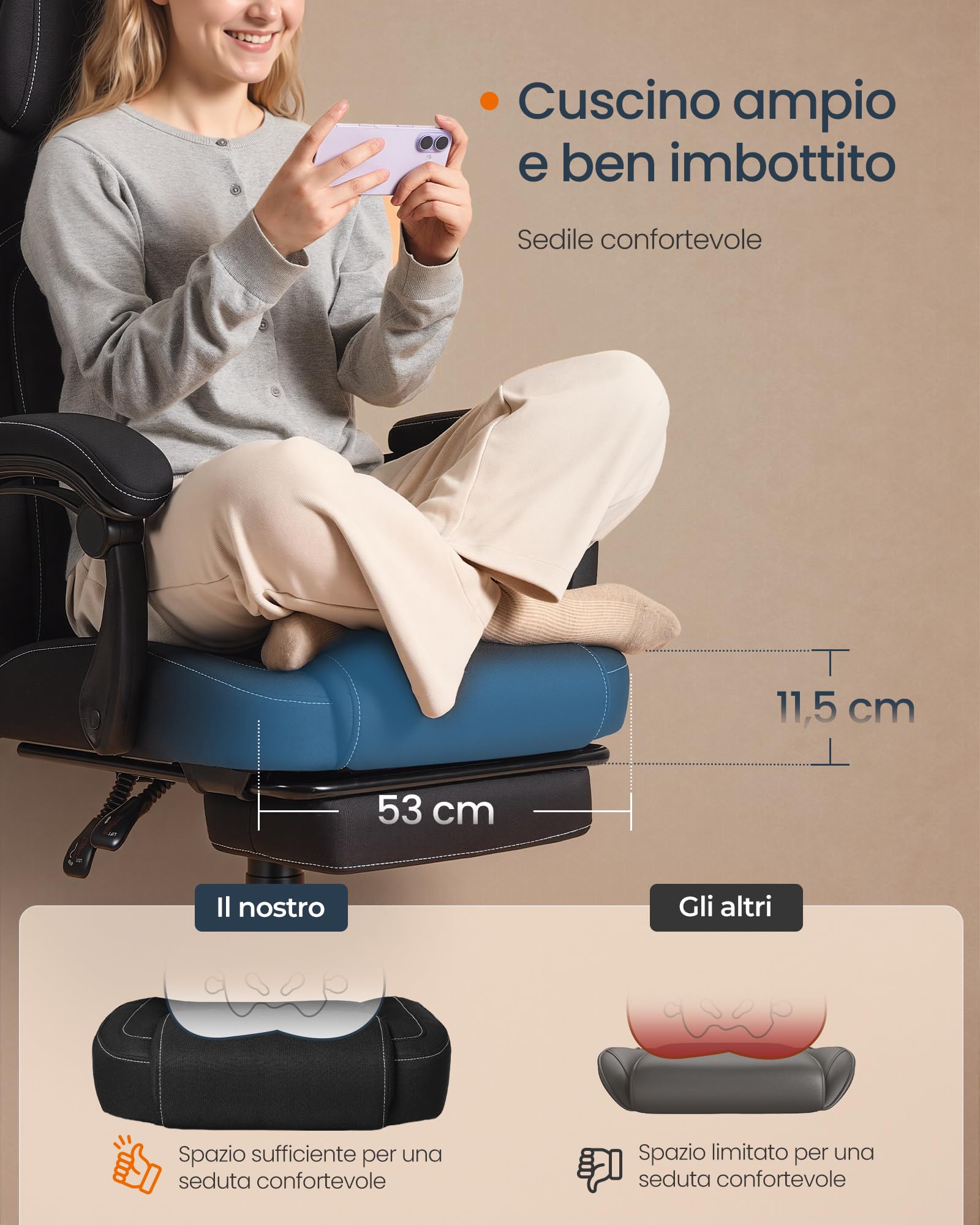 SONGMICS HOME Sedia da Gaming Ergonomica per Computer Con Poggiapiedi e Poggiatesta, Pelle Sintetica, Altezza Regolabile, Nero Inchiostro OBG072B01 | CATHY OBG072B01 - Sedia da ufficio girevole con poggiatesta, in poliuretano, regolabile in altezza, color