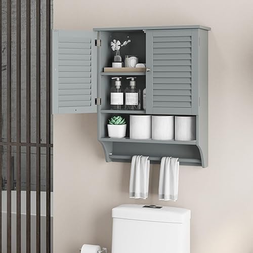 Miniatura 8 de Giantex Botiquín con 2 puertas con rejillas, estante ajustable de 3 posiciones, toallero, armario de baño montado en la pared sobre el inodoro,