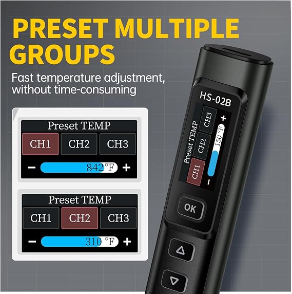 طقم مكواة لحام سلكية محمولة Fnirsi Hs-02b بقوة 100 وات مع حقيبة تخزين، تسخين سريع 2 ثانية، 212-842 درجة فهرنهايت، درجة حرارة 3 مجموعات محددة مسبقًا، 3 أطراف لحام 210، قلم مكواة لحام ذكي لإصلاح الإلكترونيات
