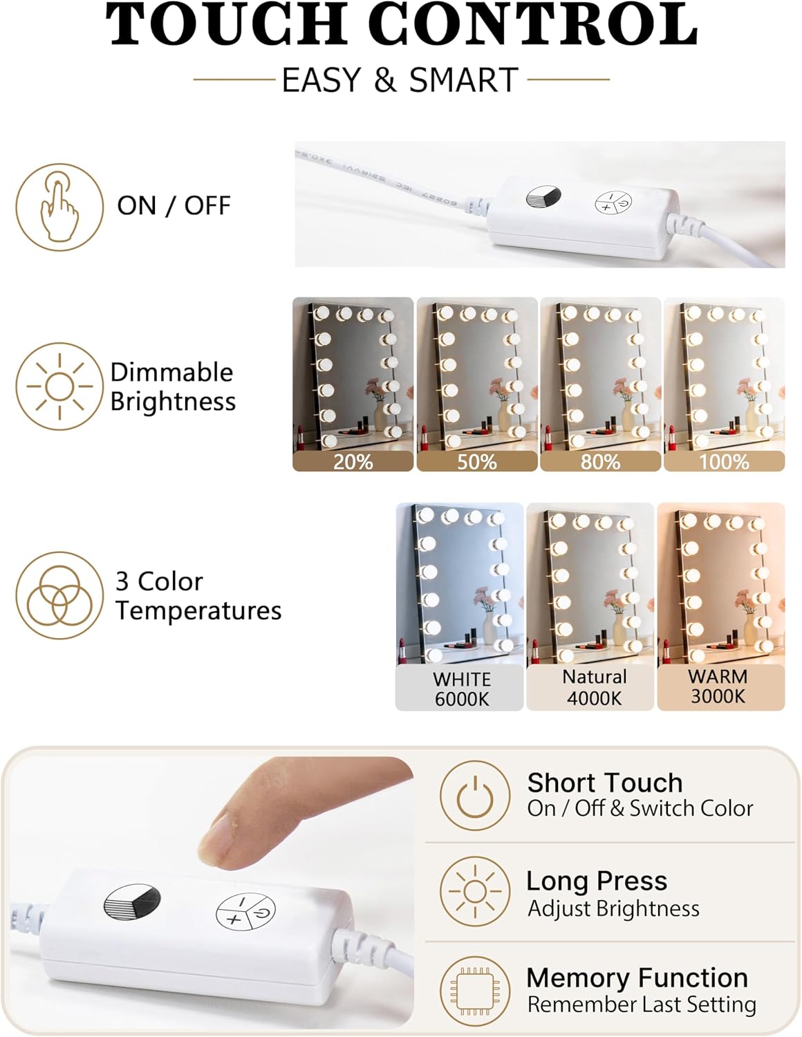 Waneway 14 Bulbs Vanity Lights for Mirror, Plug in Power Adapter & Touch Control Dimmer, 3 Color Modes, 1260 Lumens, Stick on LED Makeup Lights Kit (Mirror Not Included)