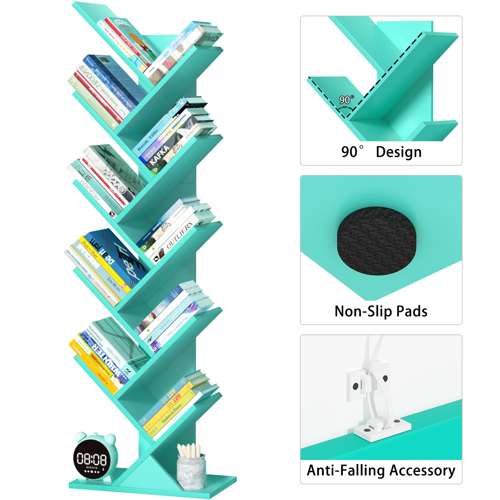 LELELINKY Bücherregal Baumform, Standregal 10 Ebenen für Bücher/CDs/Zeitschriften, DVD Bücherregal Holz, Bücher Regal für Wohnzimmer, Schlafzimmer und Heimbüro, Grün