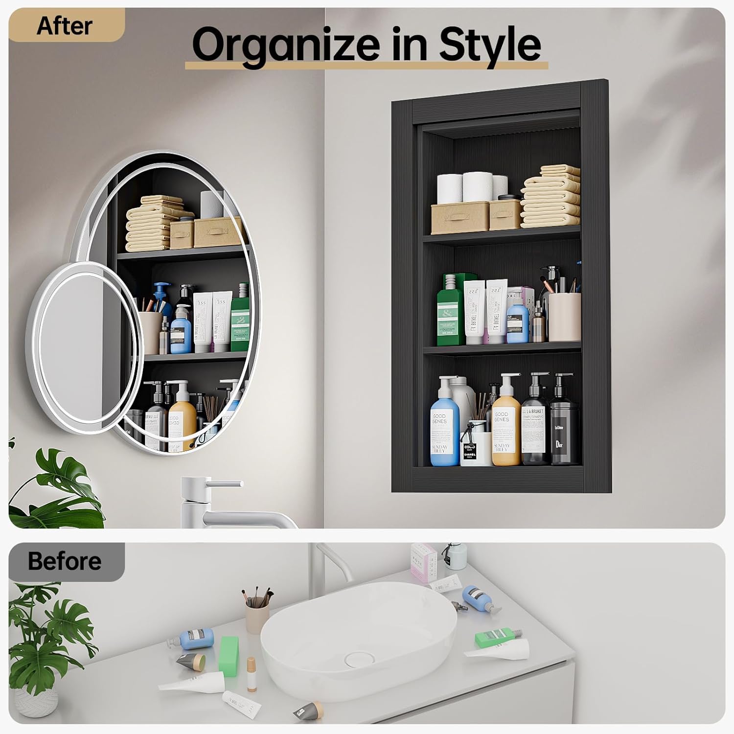 14x24 Recessed Medicine Cabinet, Medicine Cabinet No Mirror, Wood Medicine Wall Niche with 3-Tiers Shelves for Living Room, Bathroom Storage, Texture Black