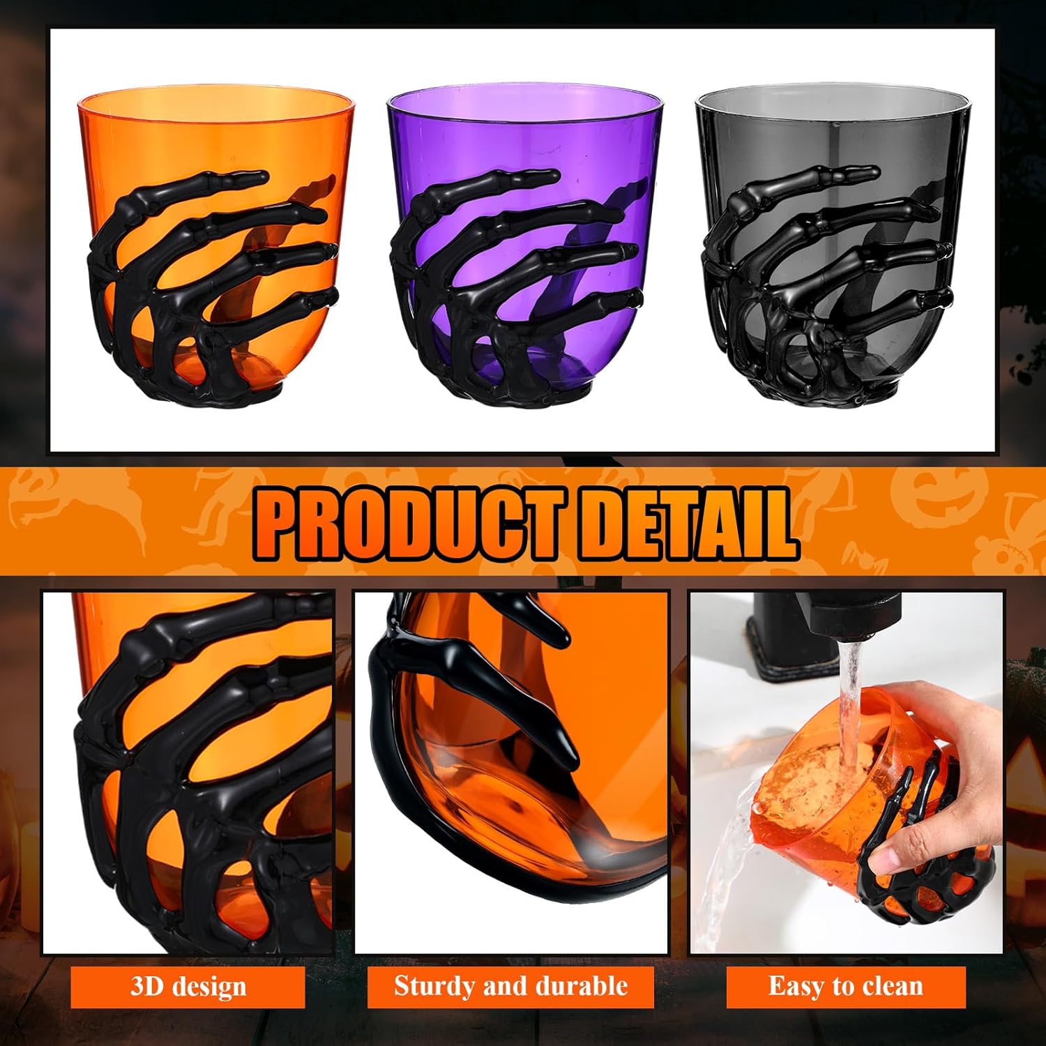 LemonRoad 12 Pieces Halloween Skeleton Hand Plastic Cups 15oz Halloween Disposable Plastic Cups Spooky Skeleton Hand Goblets Creepy Spooky Ghost Stemless Table Decorations Party Favors (3 Colors)