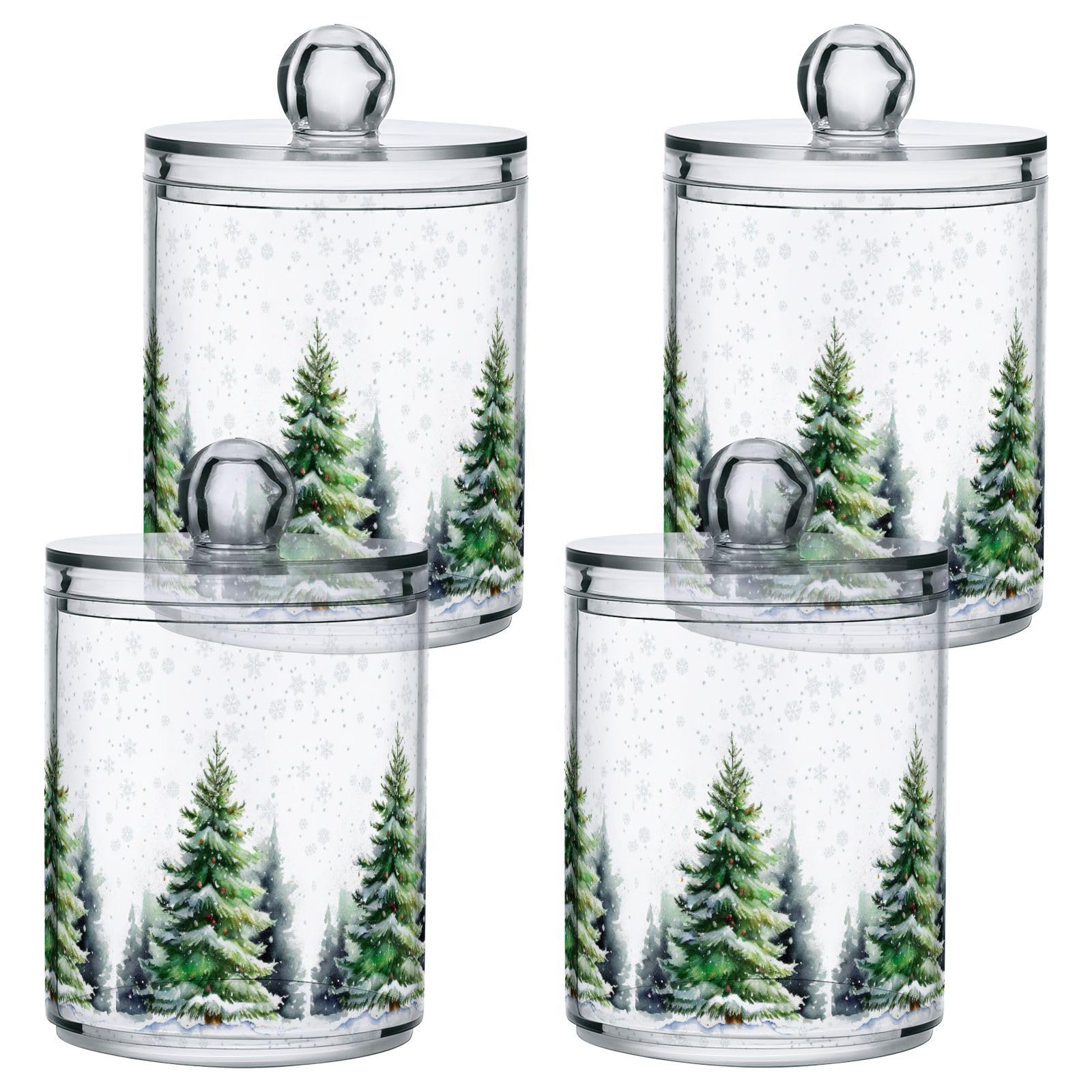 Gredecor 2 Pack Qtip Holder Clear Rustic Christmas Tree Snowflakes Apothecary Jars with Lids Acrylic Christmas Winter Bathroom Jars Vanity Canister Storage Organizer for Cotton Ball,Swabs,Pads,Floss