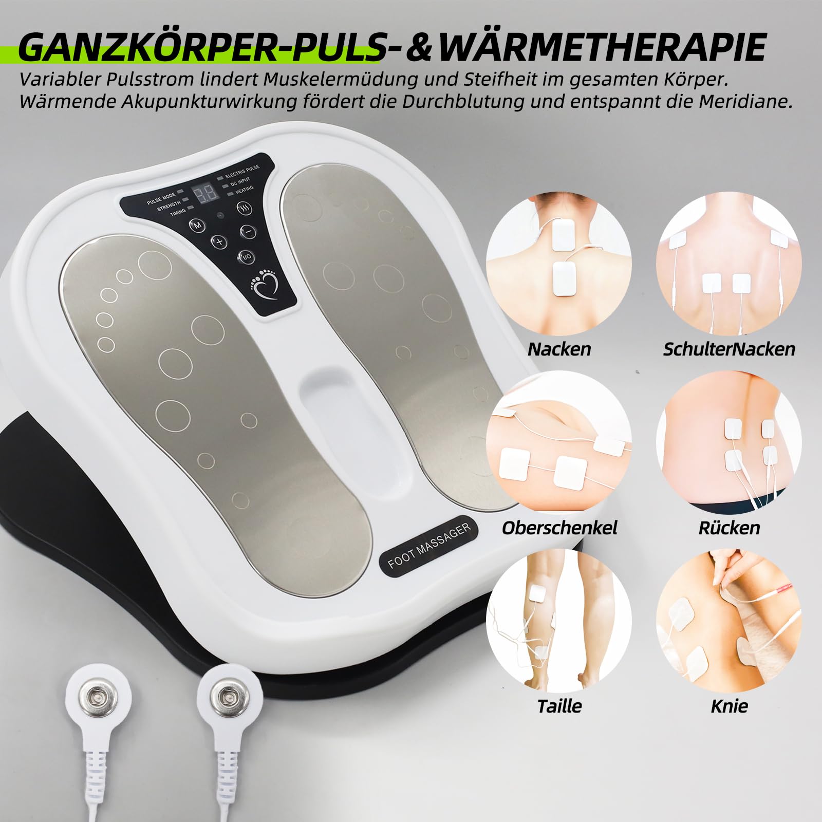Wiederaufladbares Fußmassagegerät mit EMS- und TENS-Durchblutungsstimulation, 4 Elektrodenpads, 8 Programmen und 50 Intensitätsstufen zur Schmerzlinderung und Verbesserung der Durchblutung.