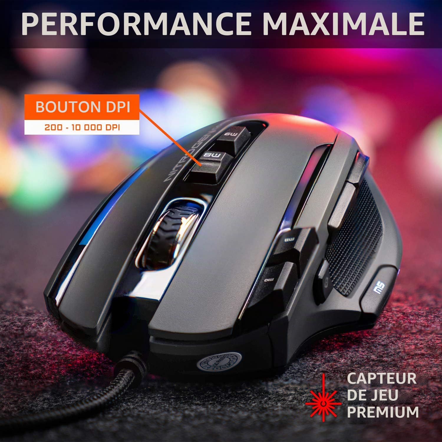 The G-Lab Kult Nitrogen Core Souris Gamer Filaire Haute Performance - Capteur Optique Avago 10 000 DPI, RGB & K-Stand Radon Support pour Casque/Micro-Casque GAMING - Rétro-éclairage RGB, Hub USB 2x2.0