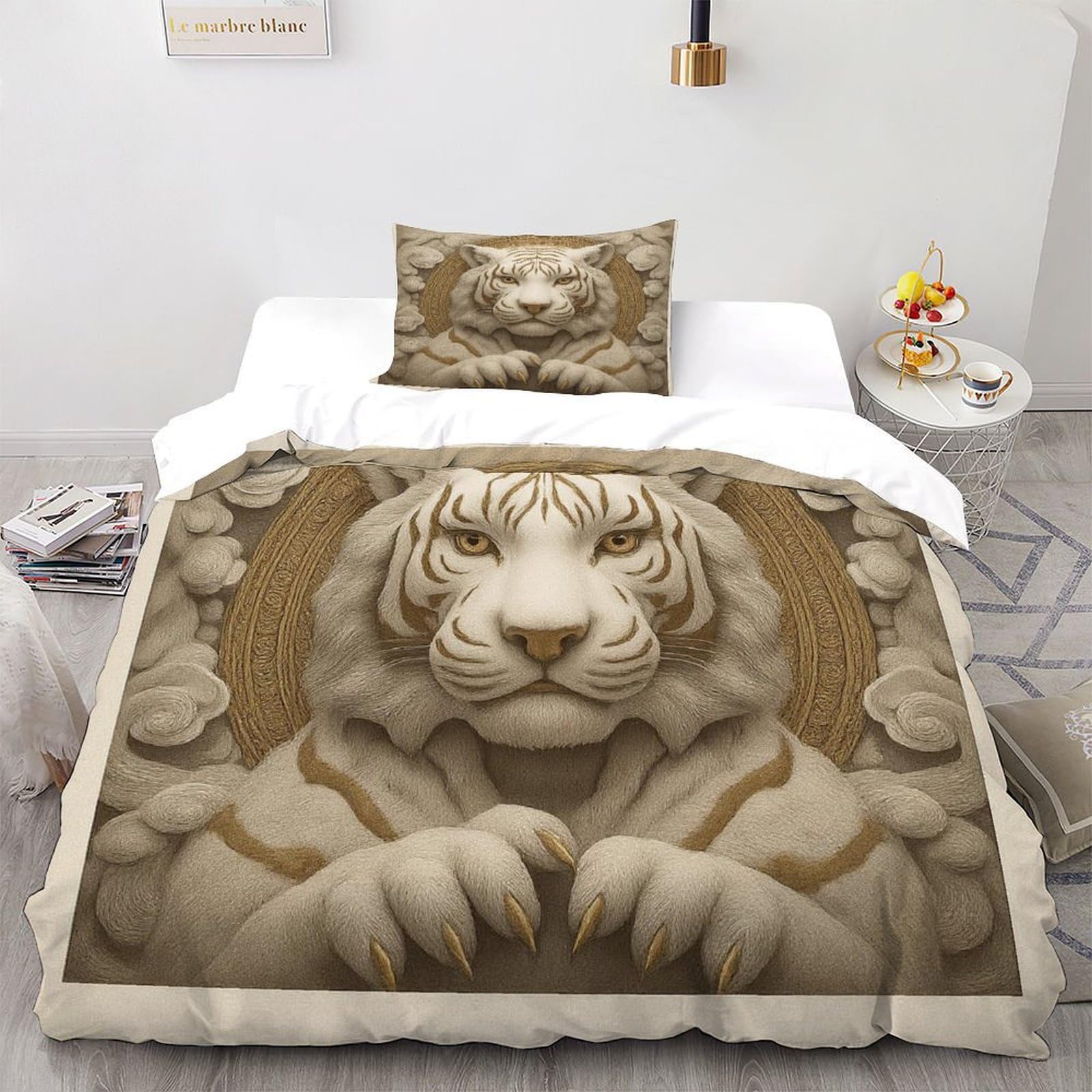 Housse de couette tigre blanc zippée pour un lit simple toujours impeccable sans repassage
