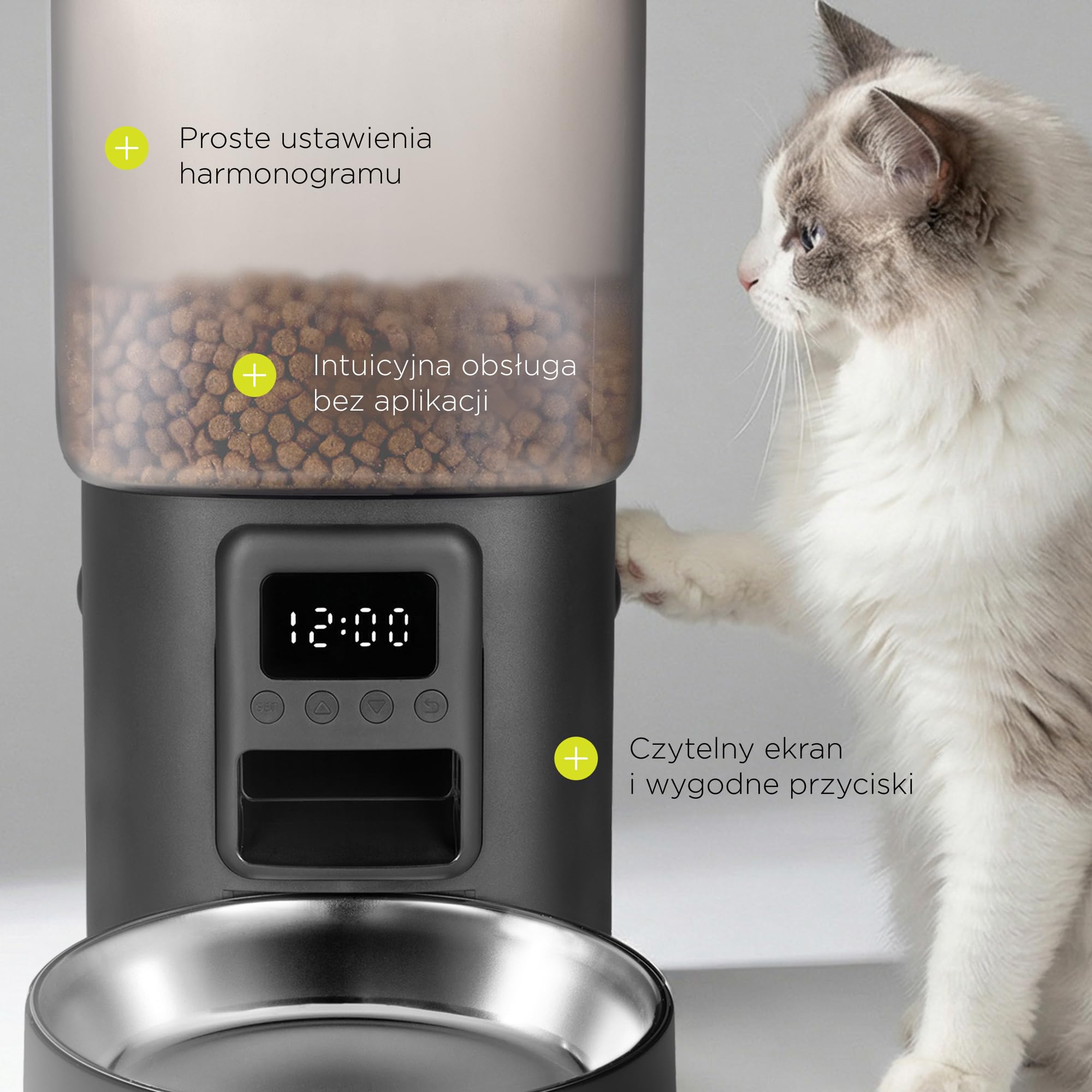 CRISPY Automatyczny dozownik karmy dla psów i kotów 4,5 l z programowalnymi porcjami, zegarem i wyświetlaczem LCD, stalową miską, USB-C, dozownik krokietów i wody dla zwierząt domowych (czarny