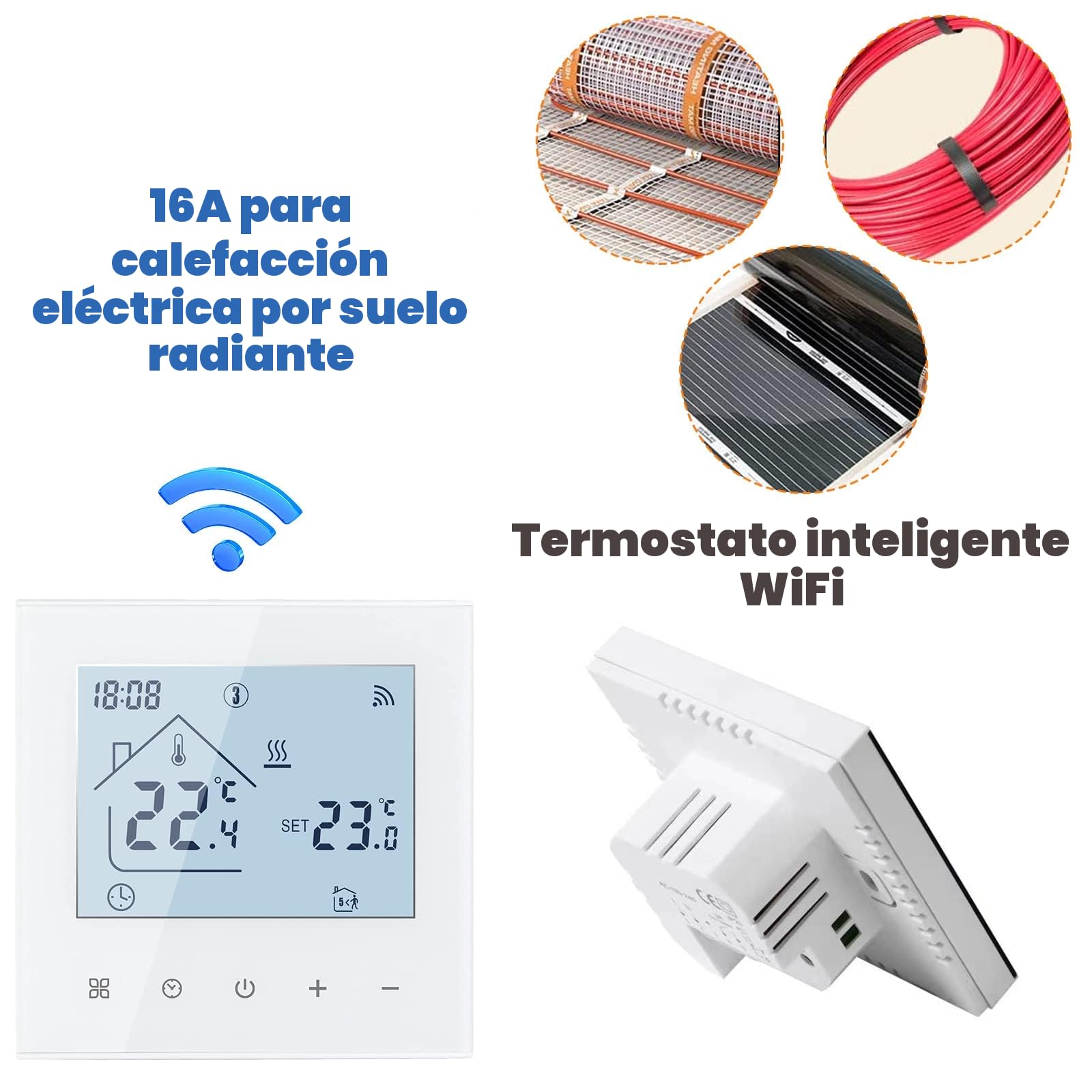 Termostato inteligente WiFi para calefacción por suelo radiante eléctrico,termostato eléctrico de 16A,pantalla táctil digital, regulador de temperatura, 230V, compatible con Alexa Google Home (blanco)