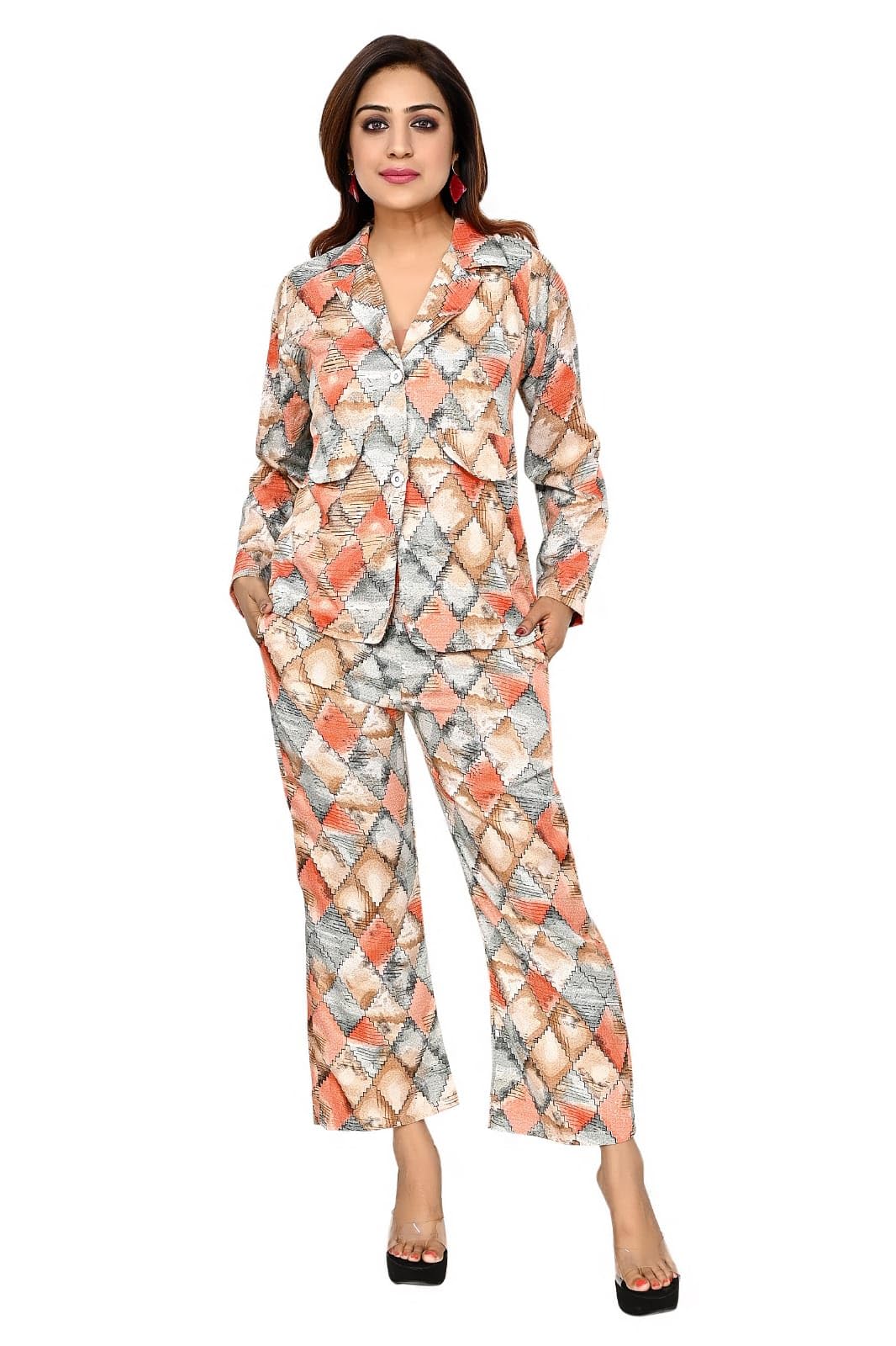 sky fly Women fashion trendy latest Multi-Print full sleeves Polycotton blazer with trouser-115 (2pcs Set)-WHITE-RED-MEDIUM-picture-3