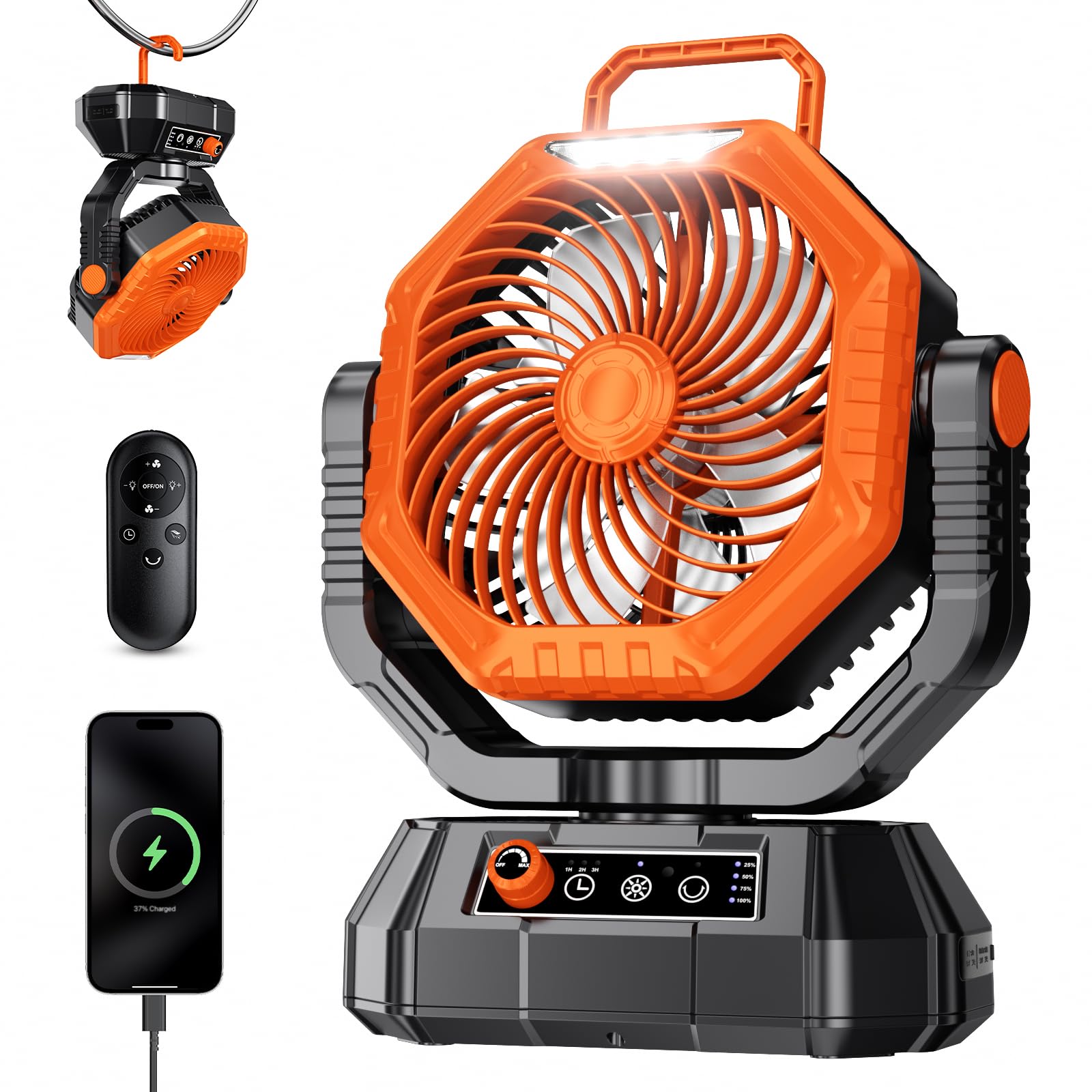 Camping Fan, 20000mAh Rechargeable Battery Fan, Battery PoweredFan with LED Light, Variable Speed, Timer