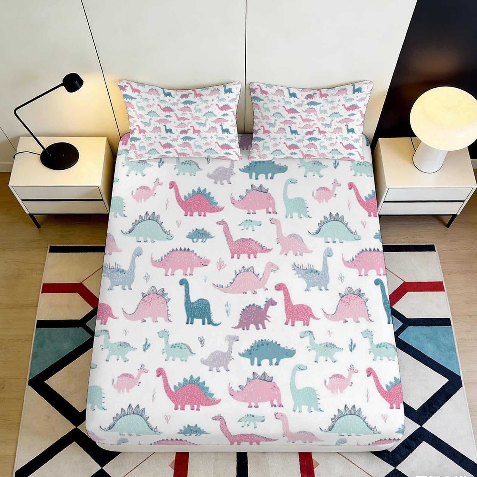 3D Printed Pastel Dinosaur Fitted Sheet Microfiber Soft Breathable Cartoon Bed Cover for Bedroom Guestroom Dorm Decor 90x200x25cm