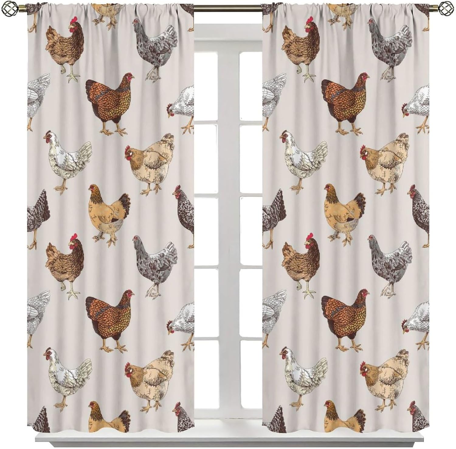 Rustic Chicken Curtains, Chicken Cock Hen Rustic Farmhouse Animal Theme Printed Window Treatments, Blackout Curtains for Bedroom Living Room 26" W x 84" Lx2