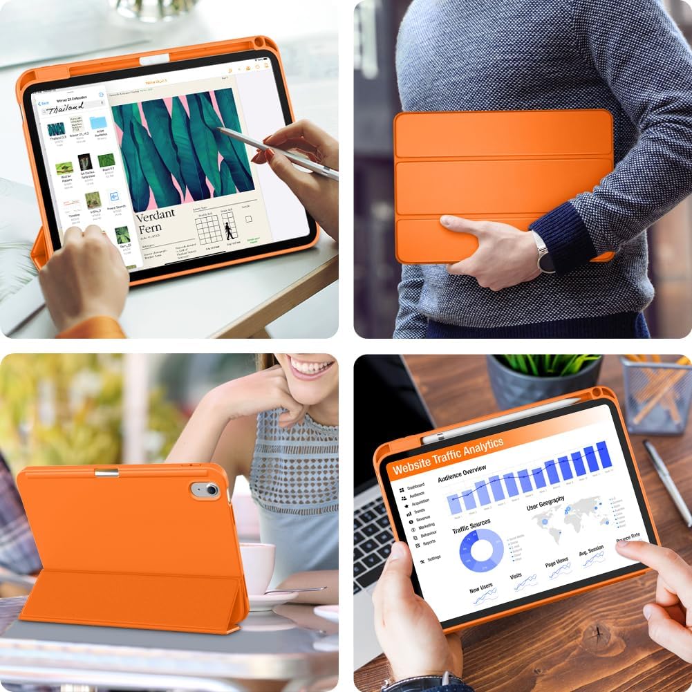 DTTO for iPad (A16) 11th Generation Case 11 Inch 2025, iPad 10th Generation Case 10.9 Inch 2022, Slim Tri-fold Stand Soft TPU Back Protective Cover with Pencil Holder - Auto Sleep/Wake, Orange