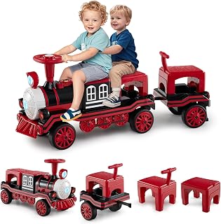 Costzon 3-Seater Ride on Train Set, 12V Ride on Toy Car w/2 Removable Chairs, Locomotive & Carriage, Electric Train Set w/LED Lights, Train Whistle & Music, Gift for Boys & Girls Aged 3-8 (Red)