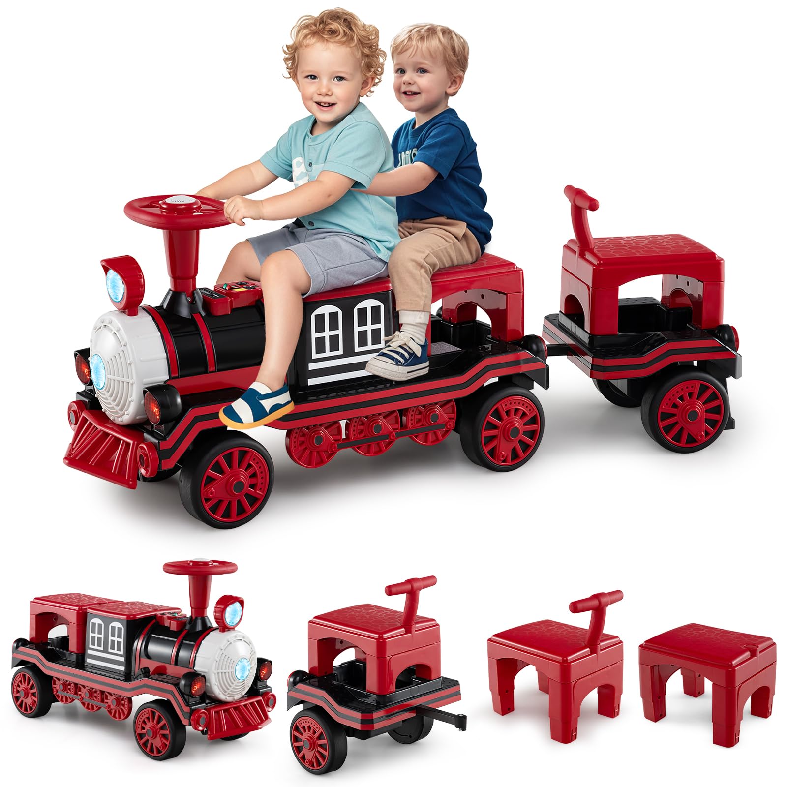 COSTWAY Trenino Elettrico Cavalcabile per Bambini, 12V Macchina Elettrica a 3 Posti con Locomotiva e Vagone Rimovibili, Treno con Luci LED, Clacson e Musica, per Bambini 3-8 Anni (Rosso)