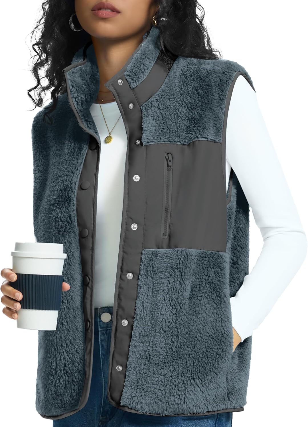 Rapbin Vests for Women Lightweight Stand Collar Sherpa Fuzzy Fleece Vest Buttoned Sleeveless Jackets with 3 Pockets