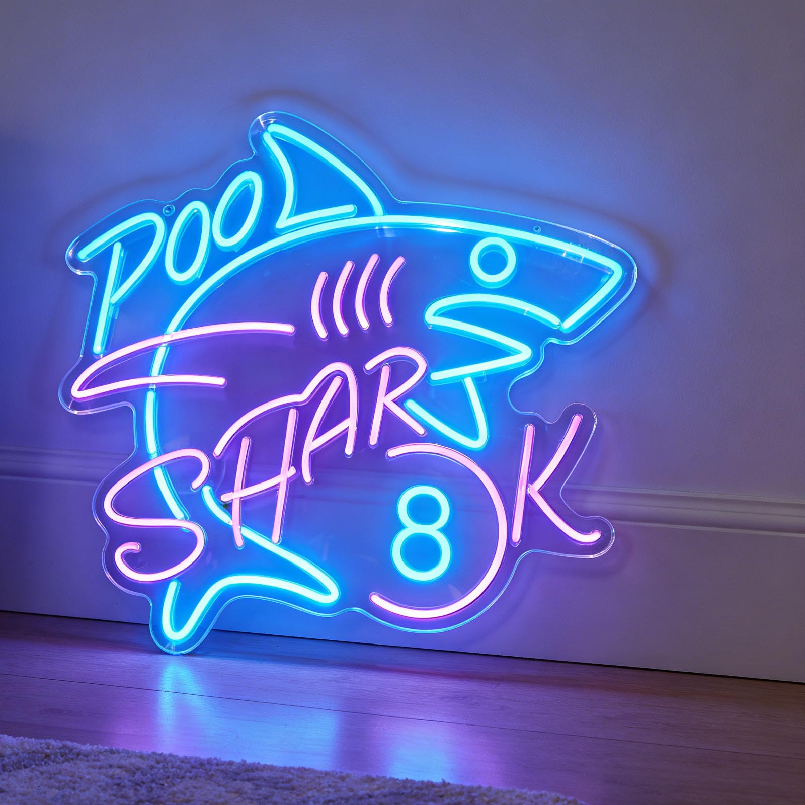 Pool Shark LED Neon Sign Billiards Wall Mural Custom Shark Design Ice Blue Purple Theme USB Dimmable for Barbershop Game Room Man Cave Bar (5V 13.19 * 12.6 inches)