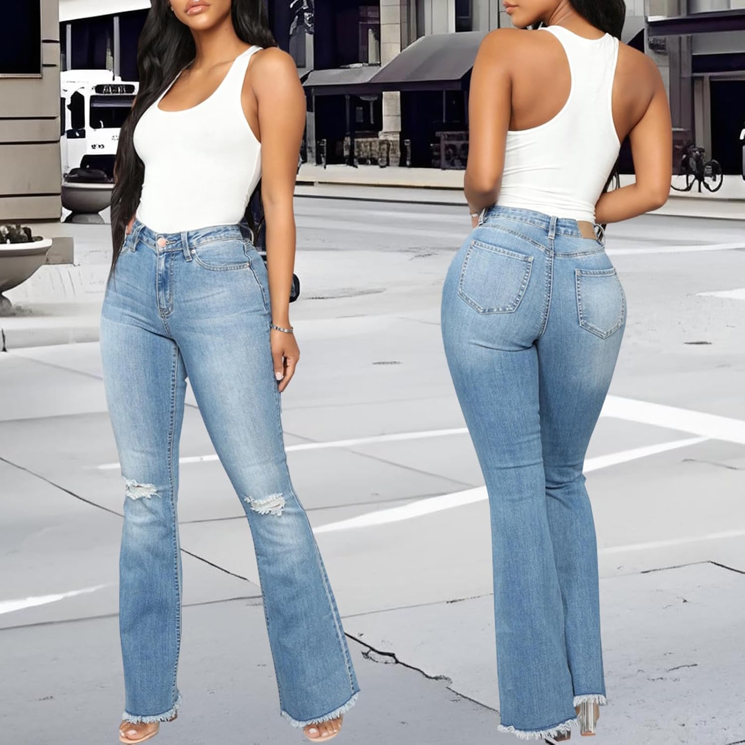 Bell Bottom Jeans for Women Skinny Flared Jeans Elastic High Waisted Vintage 70s Classic Stretchy Wide Leg Denim Pants - Image 4