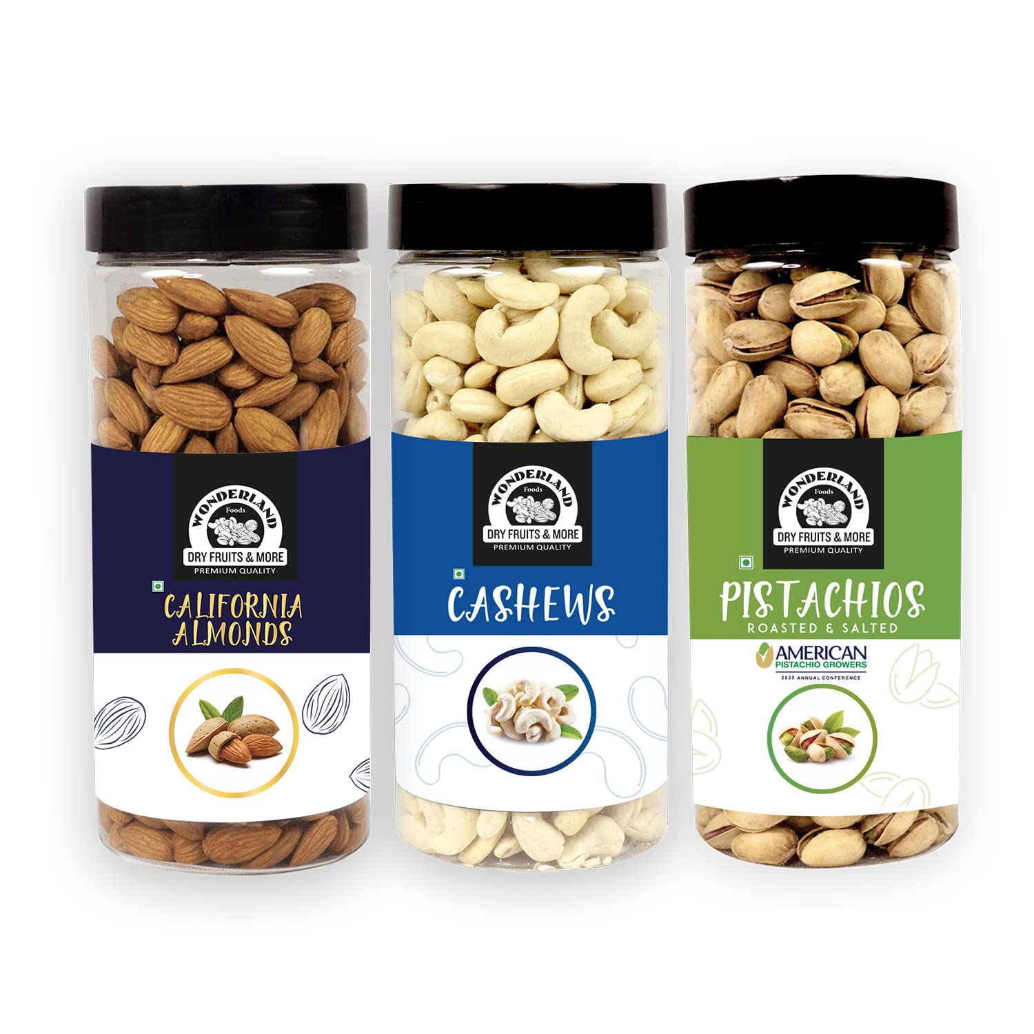 WONDERLAND FOODS (DEVICE) Premium Dry Fruits Combo Pack of Almonds (NP), Cashews (W-320) & Pista (500g Each), 1.5 Kg (Jar)