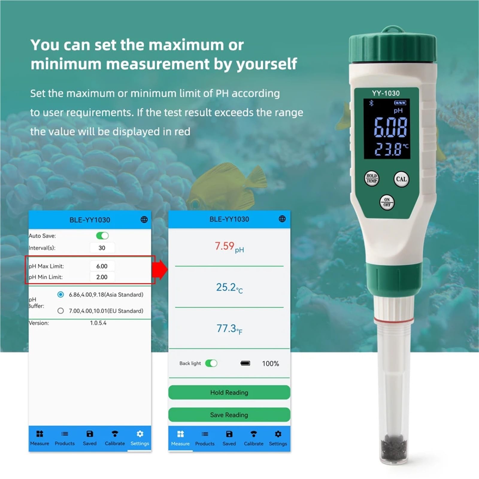 Misuratore di PH Intelligente a LED Bluetooth for Acquario, Spa, Piscina, Tester for Il monitoraggio della qualità Acqua, for Terreno, Cosmetici, Alimenti, Formaggio, Carne, Frutta, Impasto