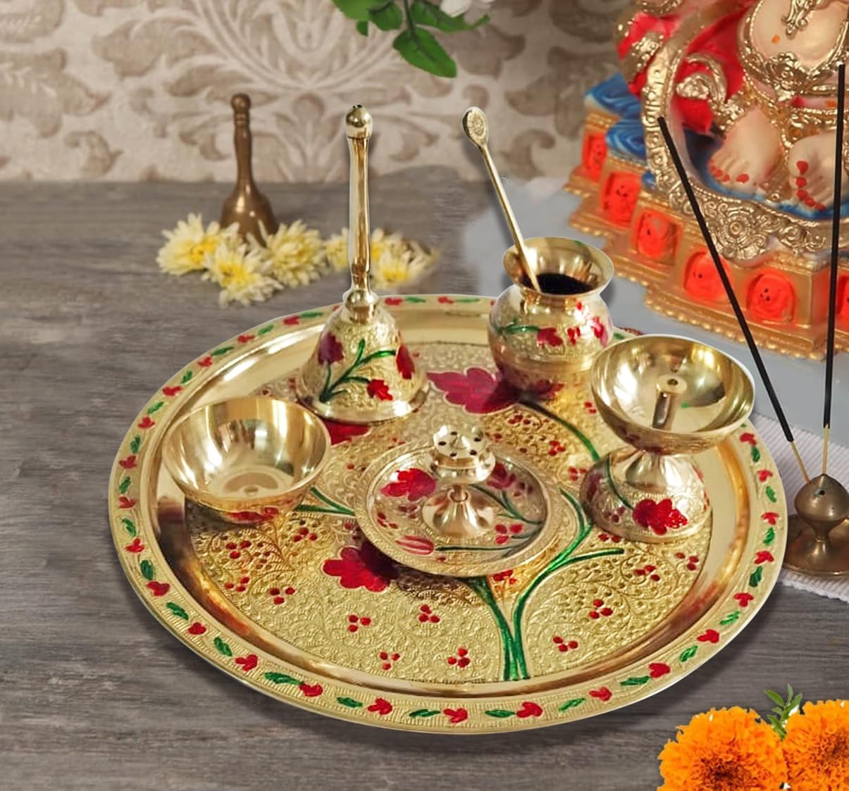 TRAFAART Indian Golden Pooja Thali with Velvet Box 10 Inch Handcrafted Brass Puja Thali Set of 7 Pcs Festival Meenakari Arti Thali
