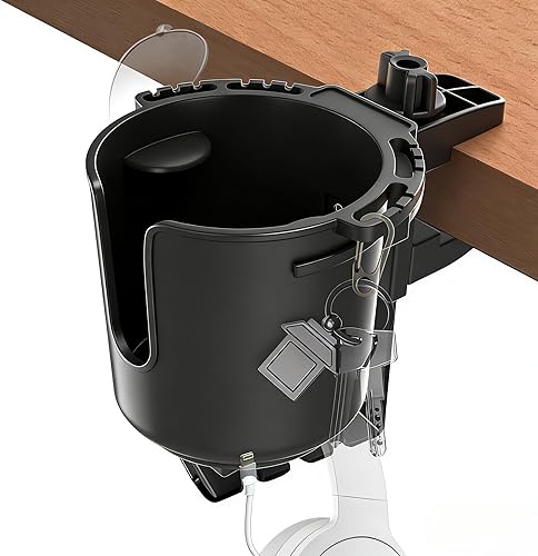 Vista 2 de Portavasos de escritorio con gancho para auriculares, portavasos con clip para escritorios con diseño de taza a prueba de derrames, fácil de Negro