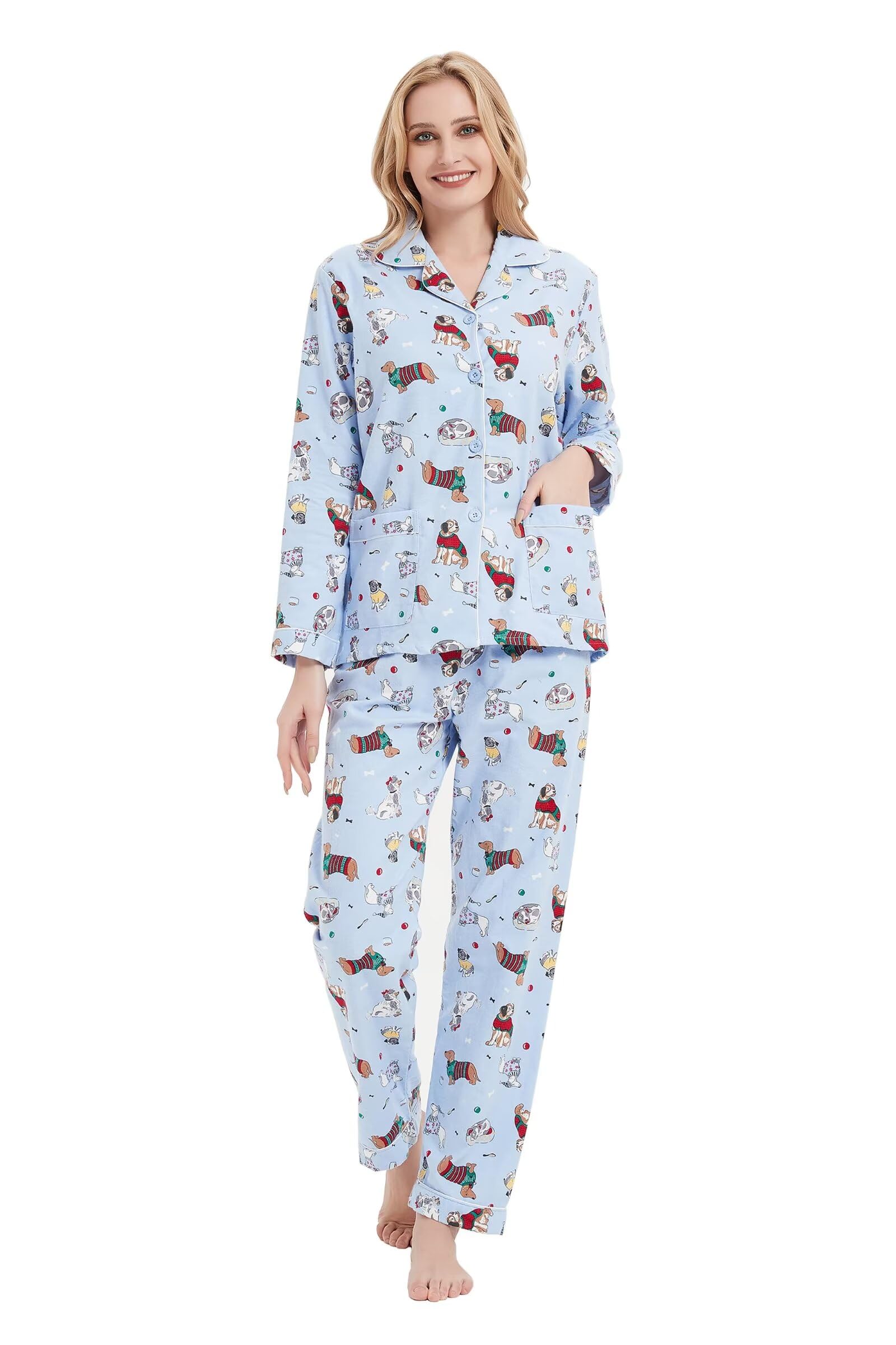 GLOBAL Damen Pyjama Set Baumwoll Flanell, Knopfleiste, Hose mit Kordelzug