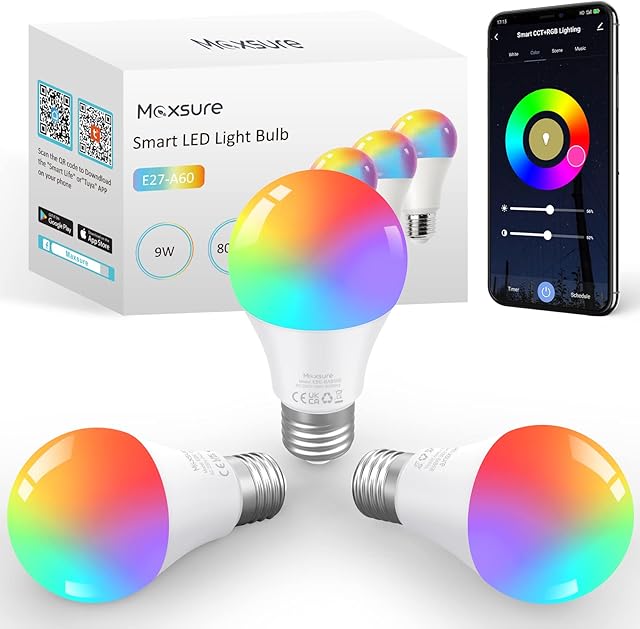 Maxsure Colour Changing Light Bulb, E27 9W 806LM Bluetooth Light Bulb, Muticolour E27 Dimmable Bulb, Bluetooth&APP Control, Music Memory Timer, 3 Pcs