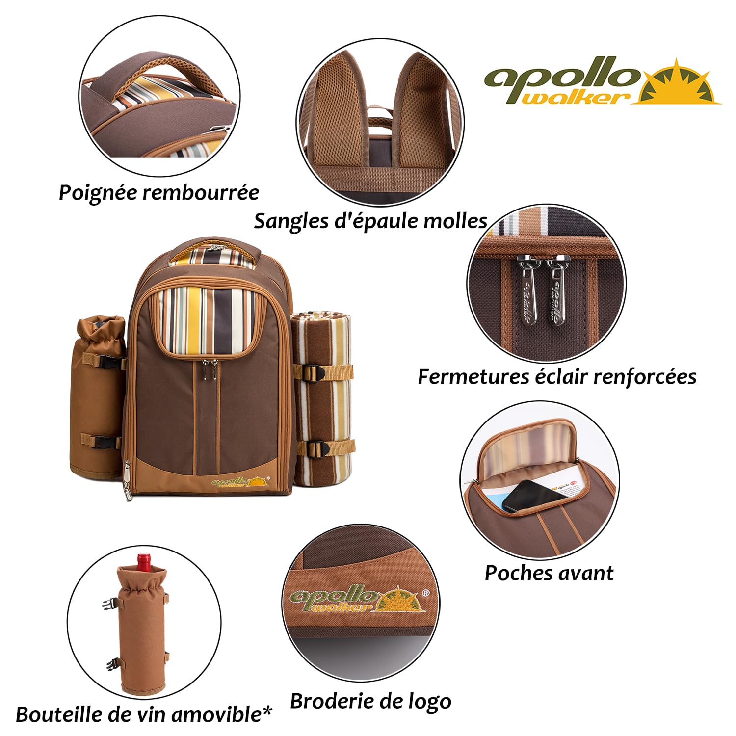 Apollo Walker Sac à Dos de Pique-Nique Ensemble de Pique-Nique pour 4 Personnes (Ensemble et Couverture), Sac Thermique, Sacs isothermes pour Camping, Plage, randonnée Barun