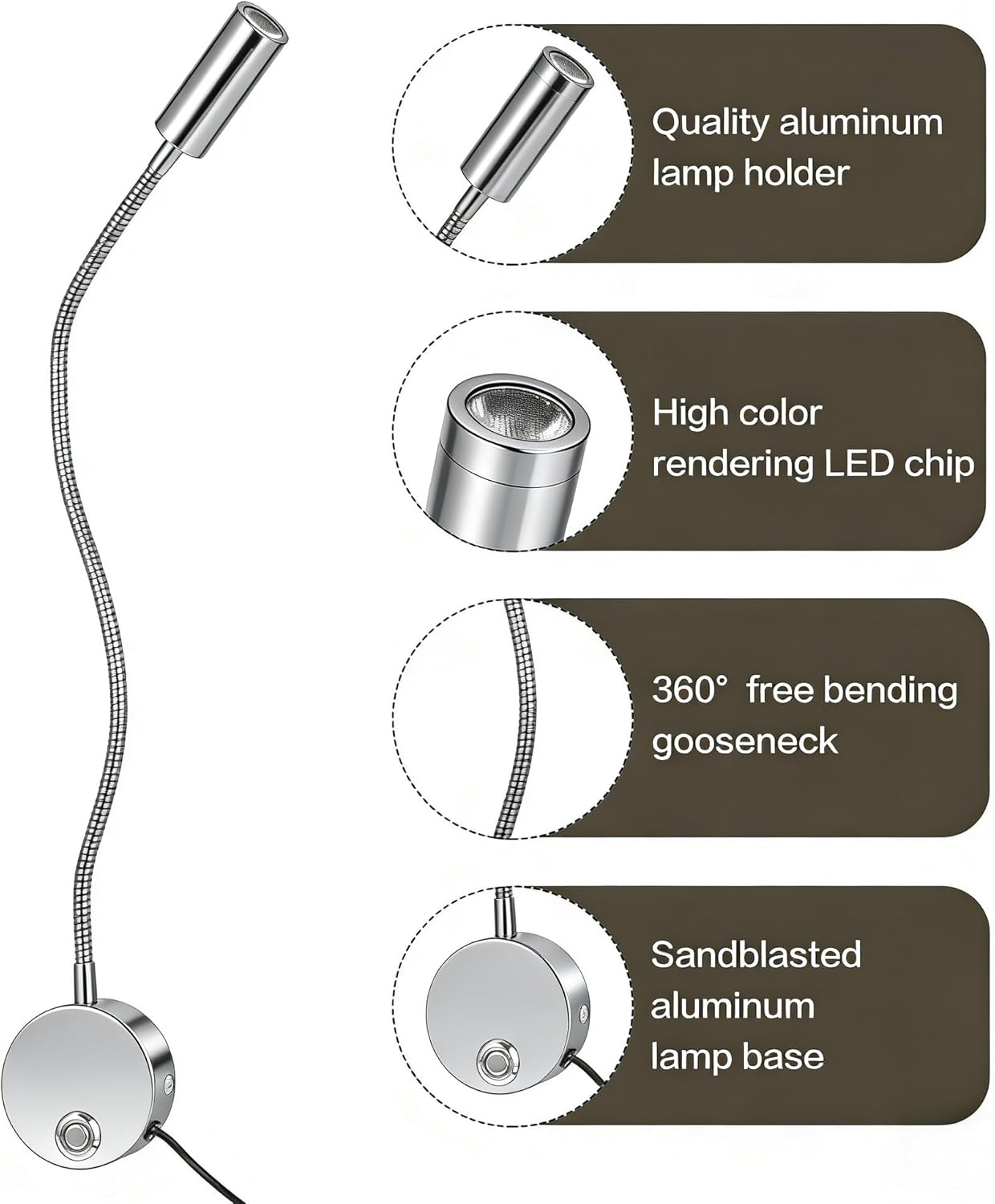 Reading Light for Bed, Wall Mounted Reading Lights with 15" Flexible Gooseneck, Touch Control, 3 Colors Temperature and Stepless Dimmable, Plug in Headboard Book Light - Silver(2 Pack)