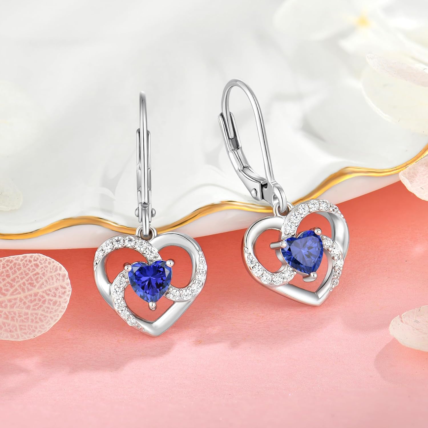 Women's Heart Birthstone Dangle Earrings, 925 Strlings Silver 5A Cubic Zircon Leveback Earrings Jewelry Birthday Gifts for Her - Image 3