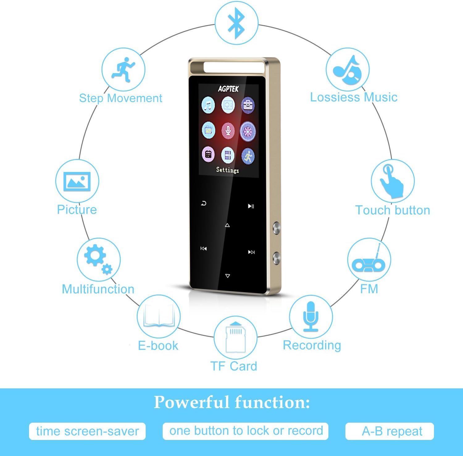 AGPTEK A01T 8GB Bluetooth MP3 Player Touch Button with FM/Voice Rocord, Lossless Sound Metal Music Player with Independent Lock, 1.8 Inch TFT Screen, (Support up to 128GB),Black