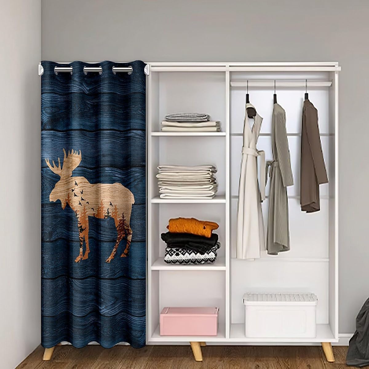Moose Silhouette Doorway Curtain,1 Panel 42" W X 80" L,Retro Blue Patchwork Stripes Door Curtain for Clost Door,Trees Wild Birds Animal Decor Rustic 30%-50% Blackout Door Drape for Bedroom Privacy