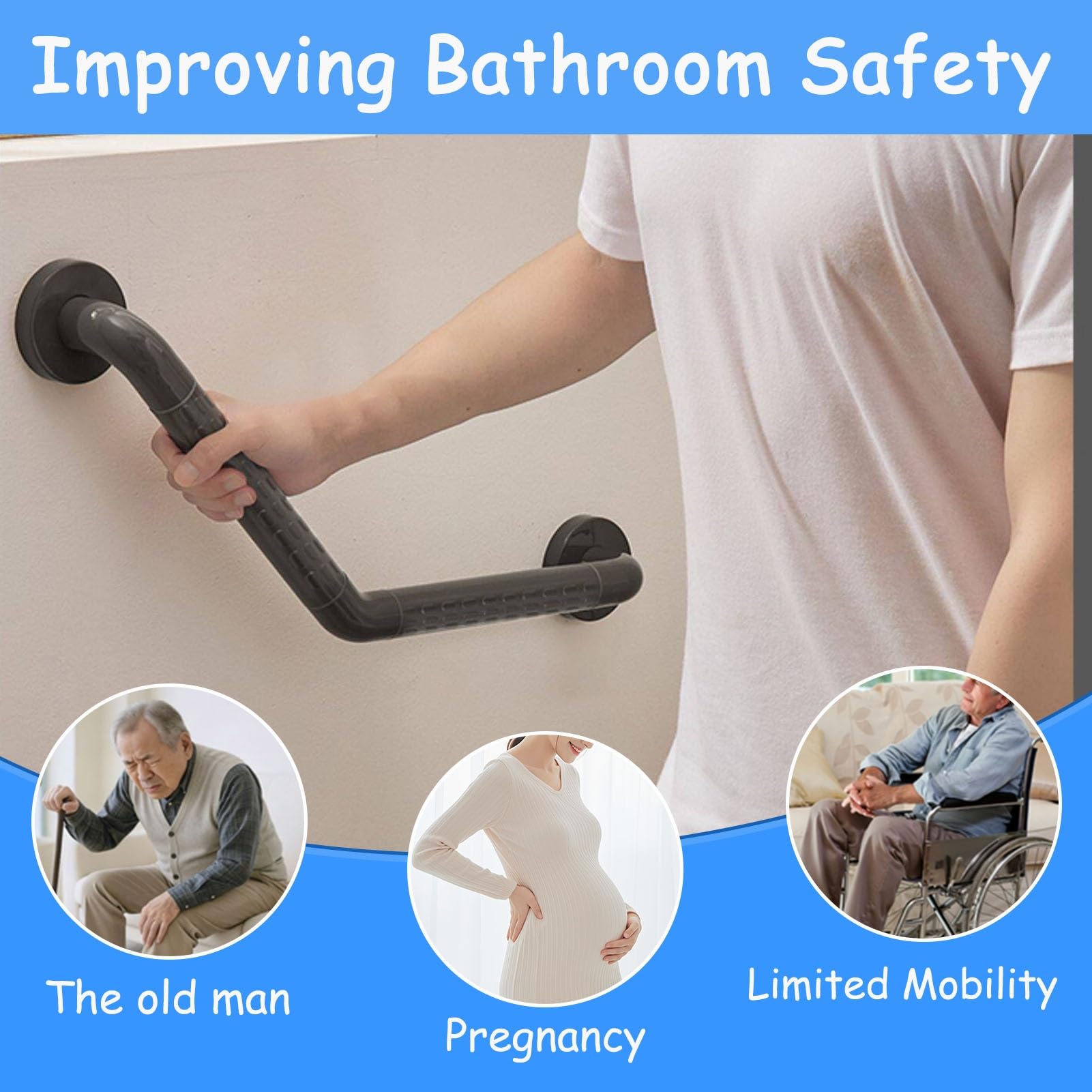 Barra de Apoyo para baño para Personas Mayores con discapacidad, pasamanos de Ducha de Pared con Agarre Antideslizante, asa de Asistencia para la Movilidad de Acero Inoxidable de 1