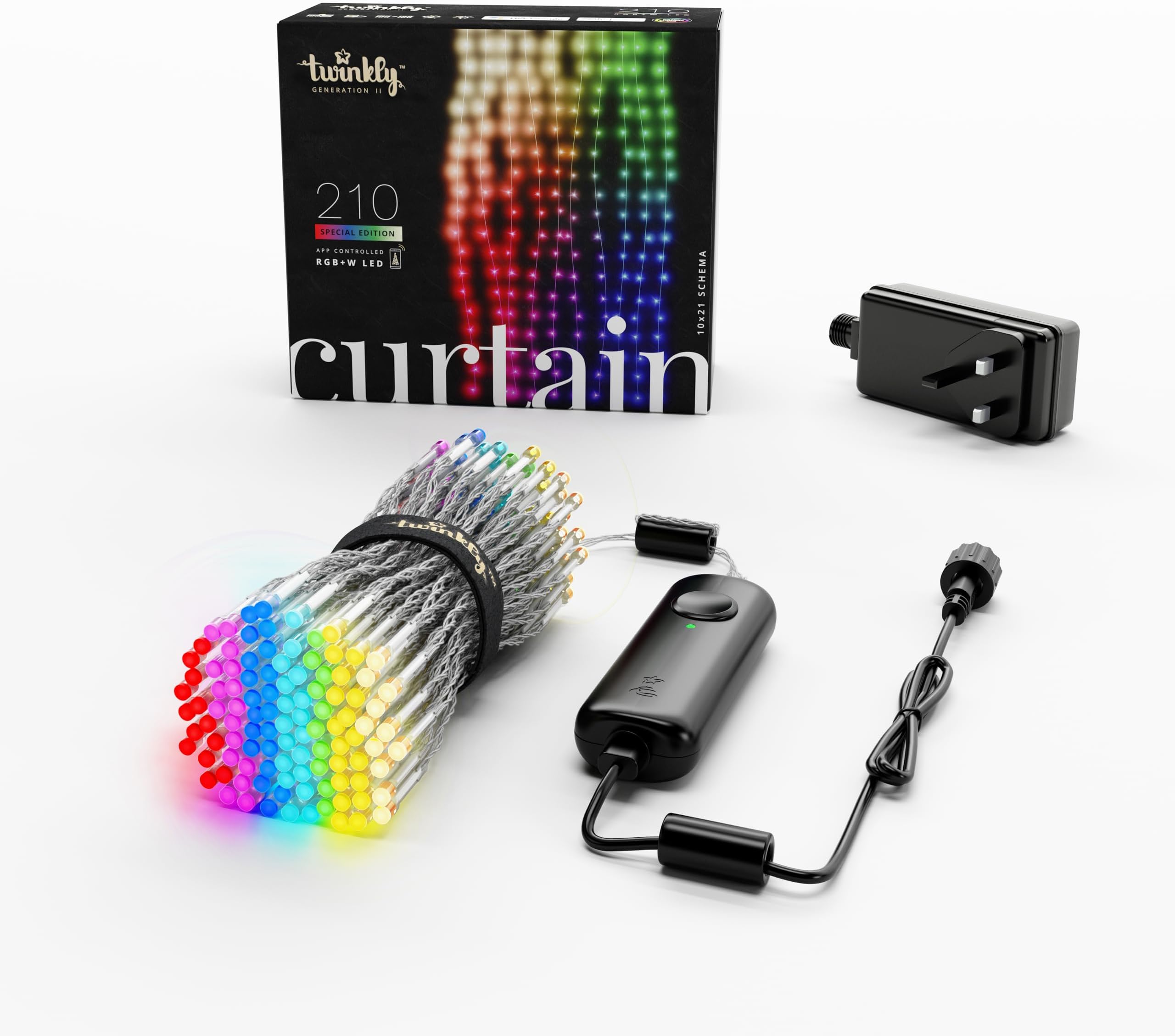 Twinkly Curtain 210 LED RGB+White, Outdoor and Indoor LED Light Chain, Smart Multicolor RGB and White Lights, Compatible with Alexa, Google Home, IP44, App Control, Transparent Wire, 1.5m x 2.1m