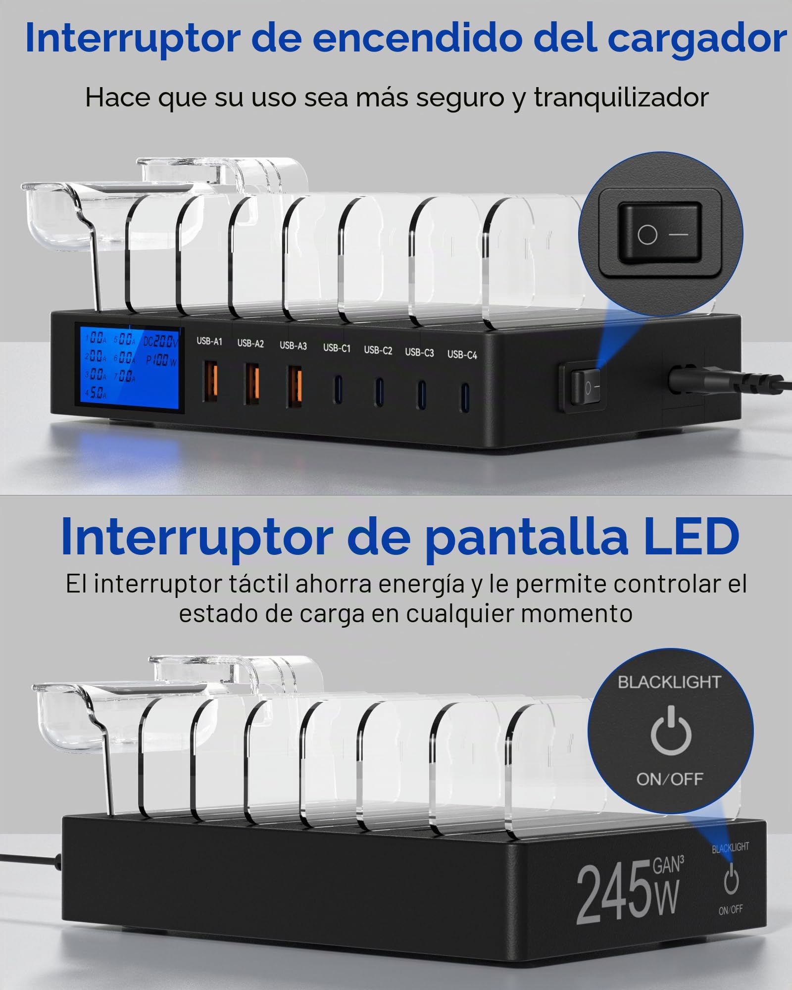 Estación de Carga, 245W 7 Puertos Charging Station, Estacion de Carga con Pantalla LCD, Cargador USB Multiple Compatible con teléfonos tabletas y Otros Dispositivos（7 Cables incluidos）