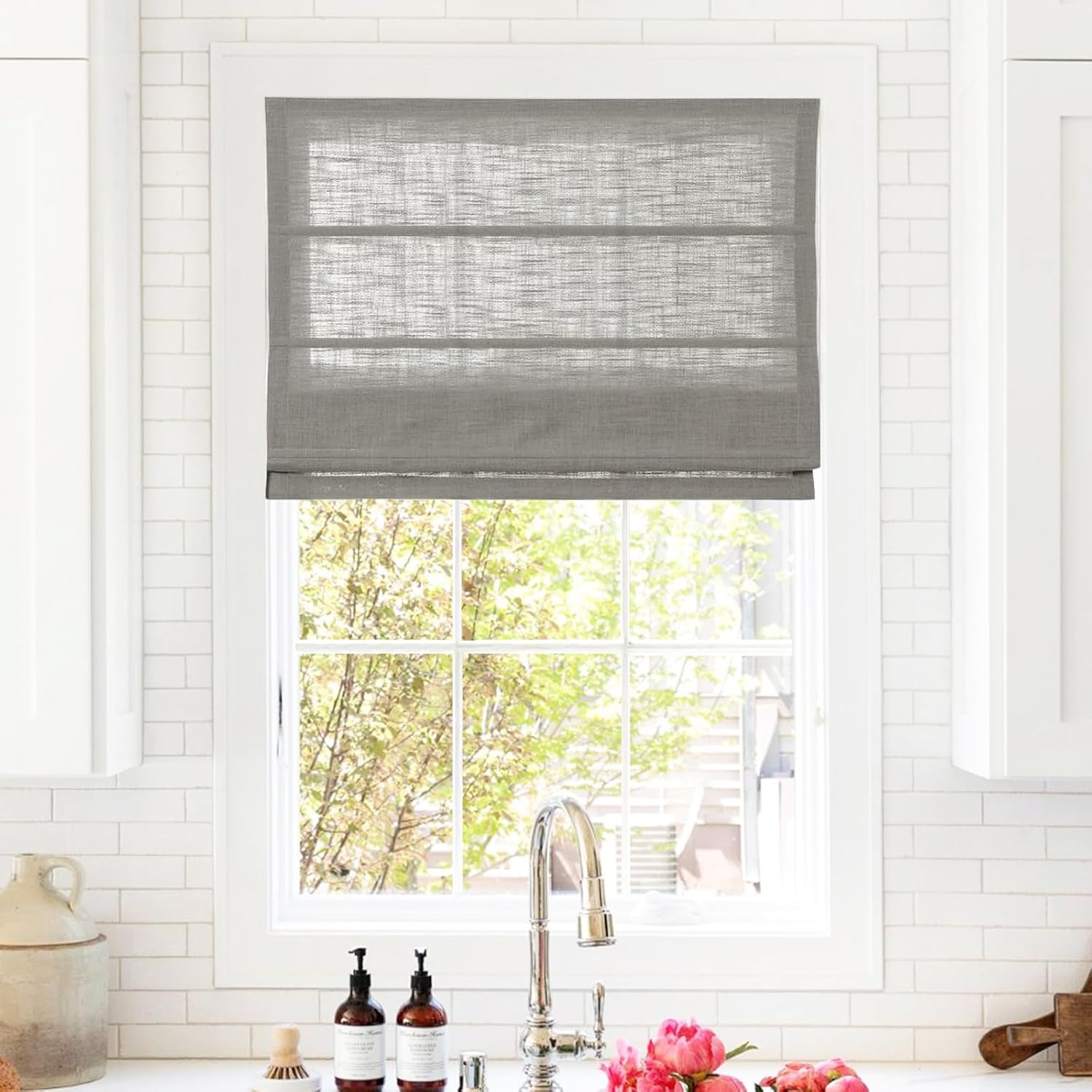 Linen Roman Shades for Windows Custom Cordless Blinds for Indoor Windows, French Doors, Bedroom, Living Room, Bathroom,Light Grey