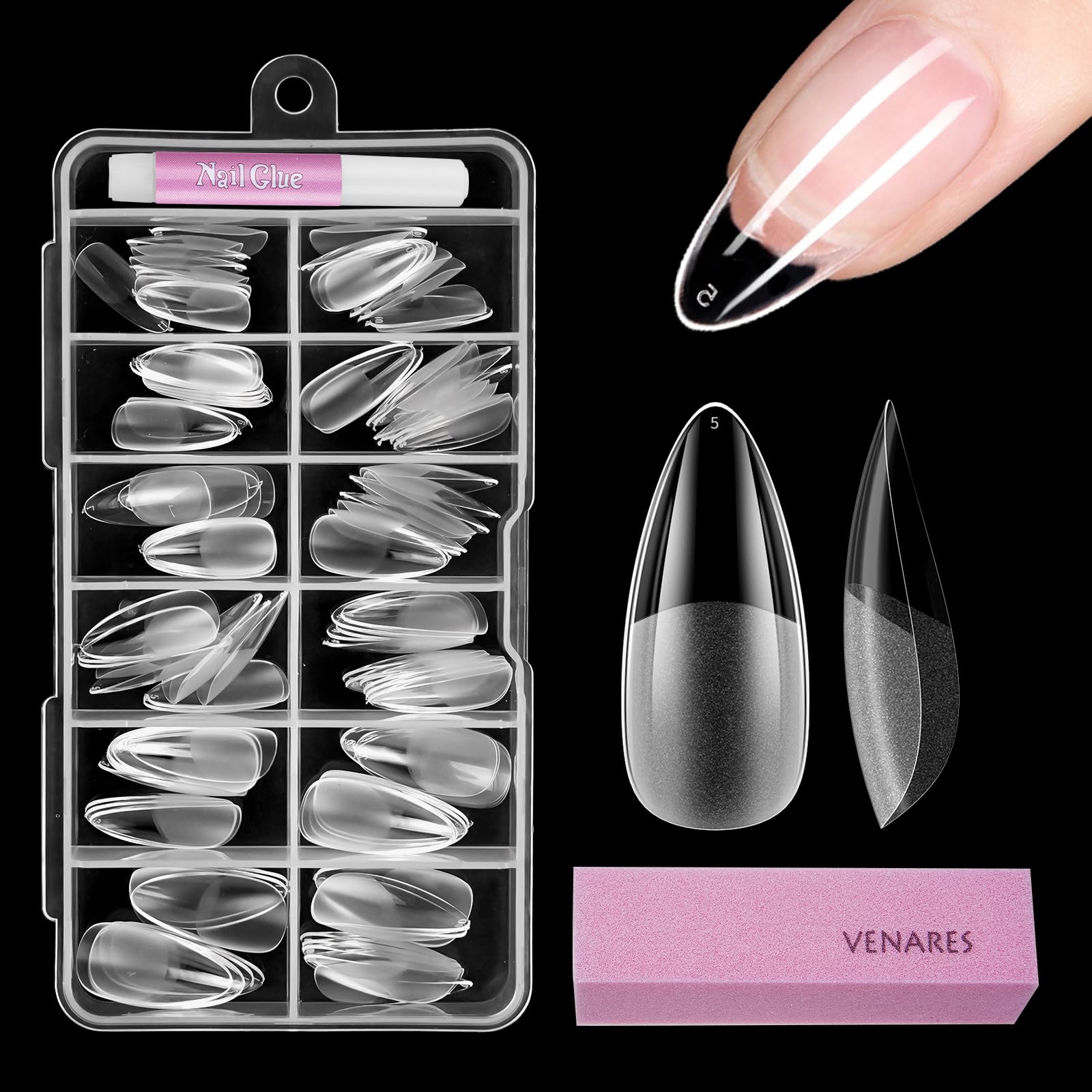Nagel Tips Set, Venares 120 Stück Tips für Gelnägel 12 Größen Tips Nägel Mandelform Kurz, Nägel Tips Set mit Kleber Nägel Puffer Block