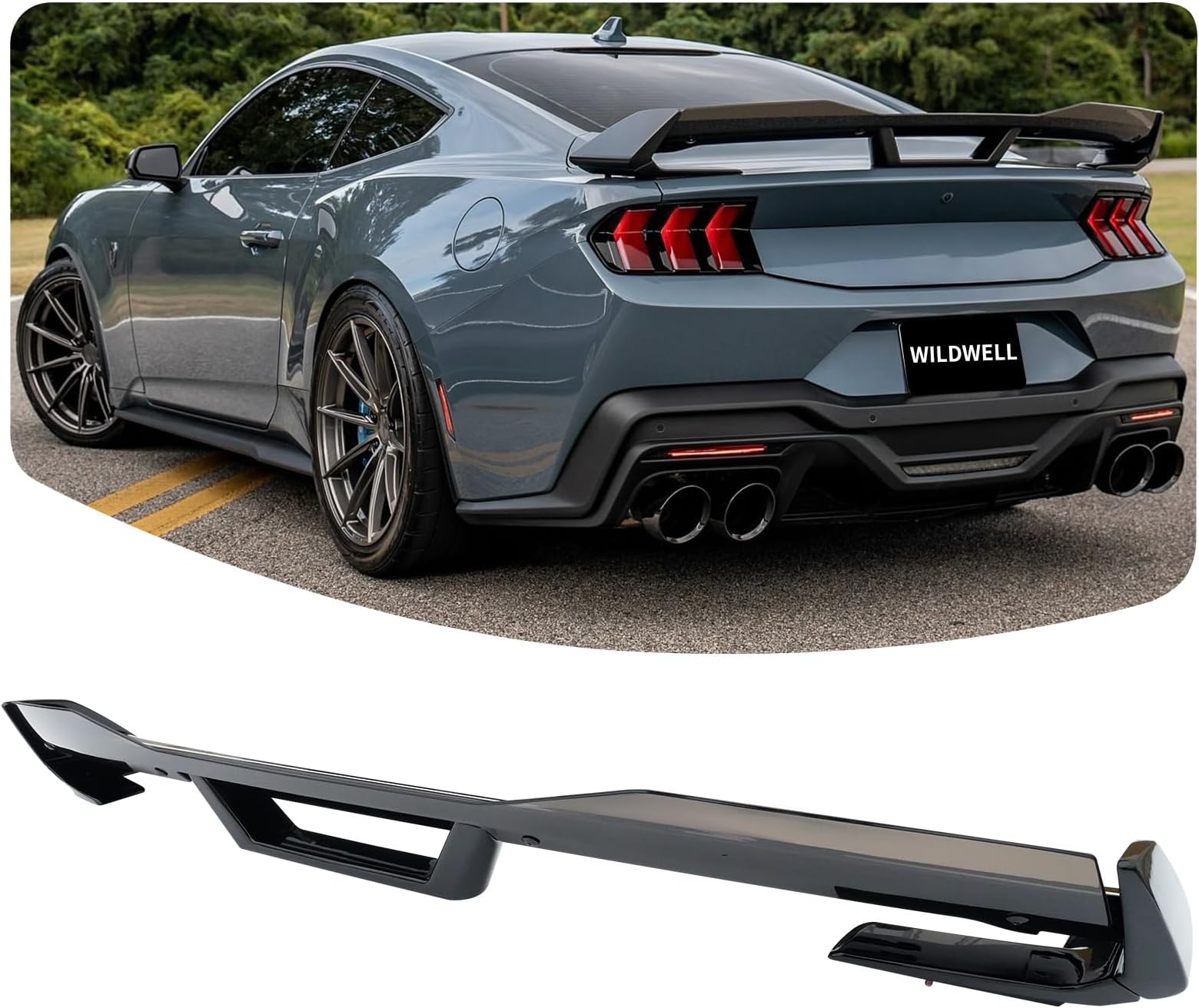 WildWell Rear Trunk Spoiler for 2024 2025 2026 Ford Mustang GT EcoBoost Premium S650 Dark Horse, Performance Rear Spoiler W/Gurney Flap Wickerbill Wing Accessories Glossy Black