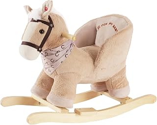 ROCKMYBABY Plush Rocking Horse for Toddlers 1-3 Years - Realistic Neighing Sounds, Wooden Frame, Balance & Motor Skills Toy, CPC Certified Caramel Horse