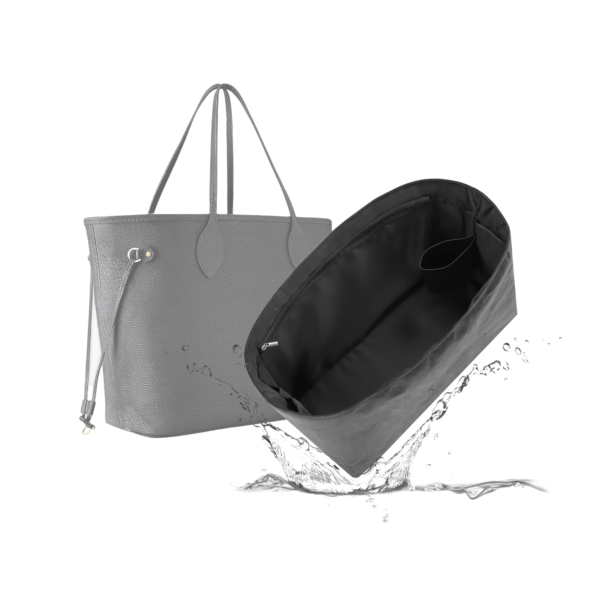 19 NeatThin Tote Bag Insert Fit for LV Neverfull MM, Waterproof Surface and Silky Satin Lining (With Zipper and Bottle Holder, Black)