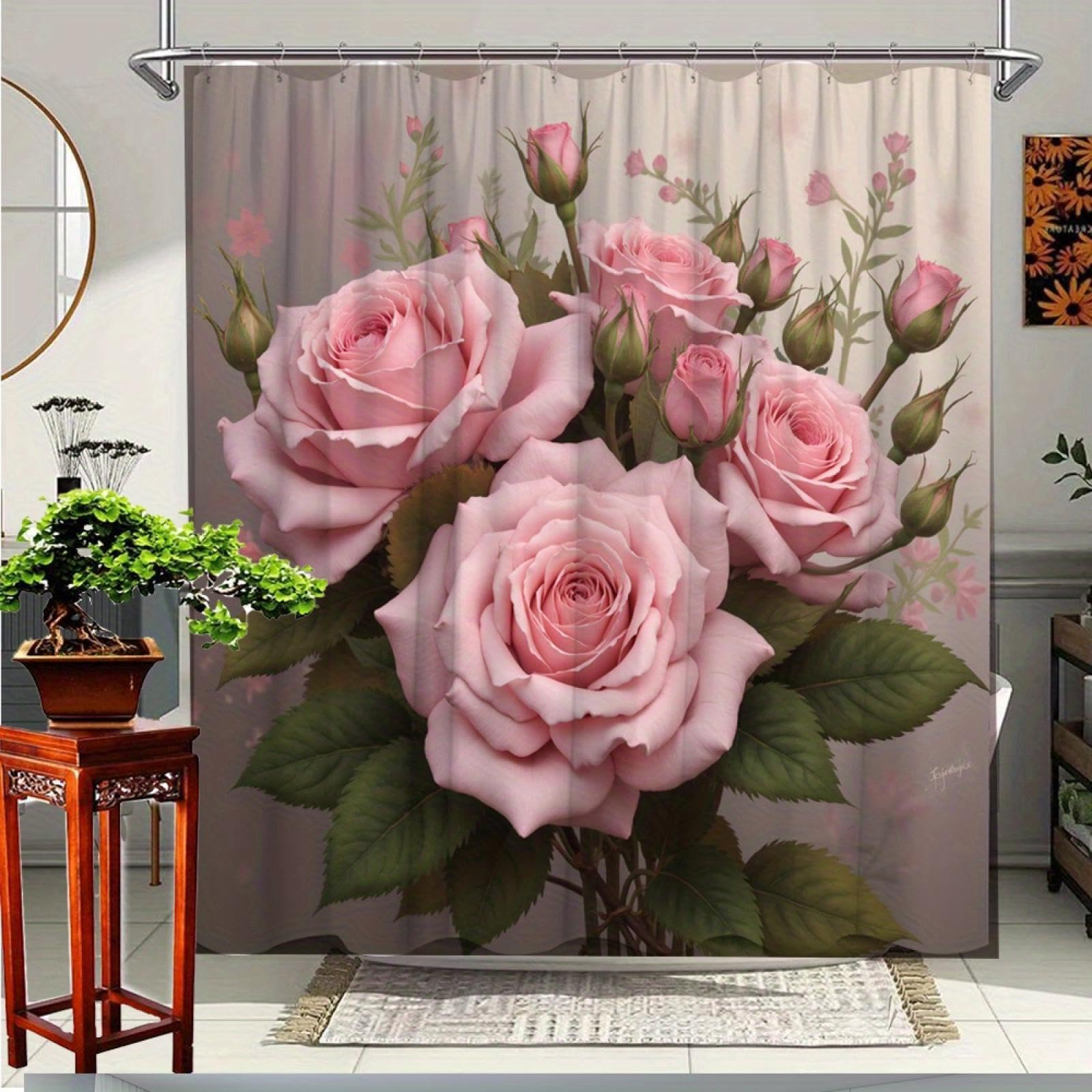 Rideau de douche motif floral rose pour créer un spa dans sa salle de bain