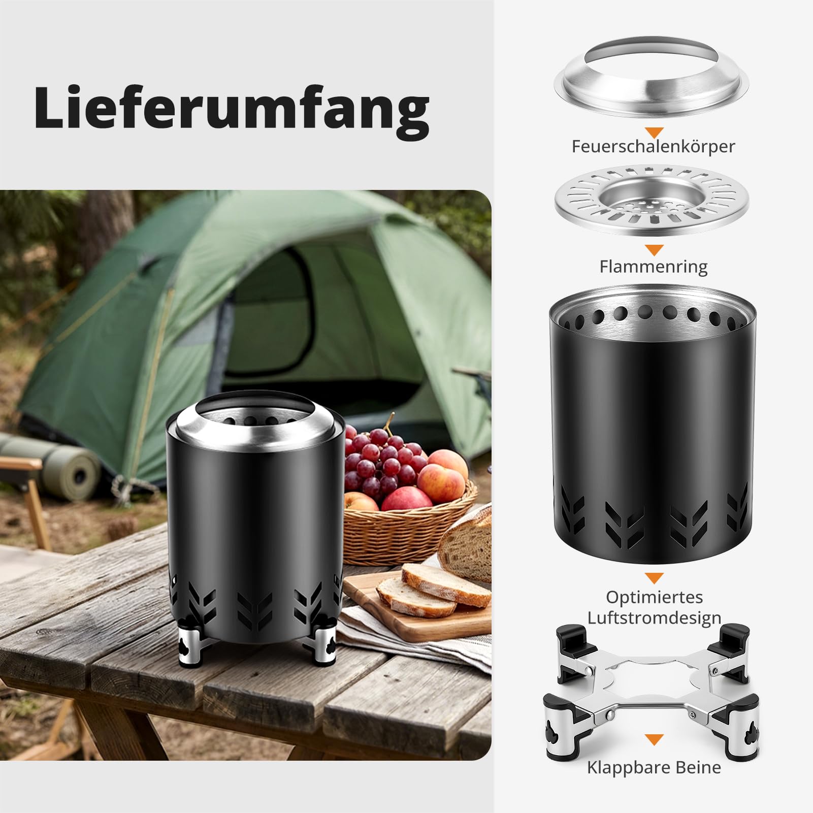 Tragbare Feuerschale Edelstahl für den Außenbereich, Rauchfreie Feuerstelle mit Ständer&Tragetasche,Rauchfreier Mini-Feuerstelle für Balkon, Terrasse und Gärten, 14cm ⊘ * 20cm H Schwarz