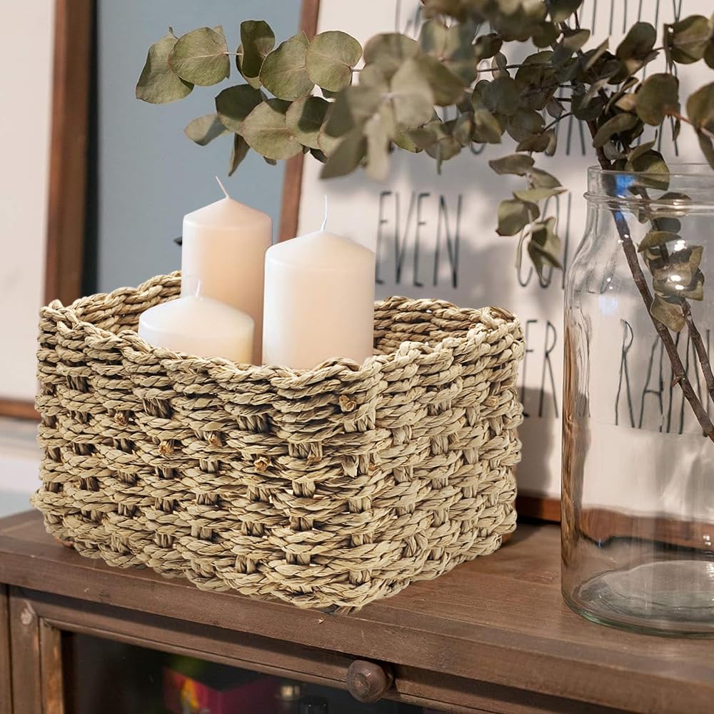 Paniers de Rangement en Osier Tissé, Lot de 4 Paniers de Rangement Tissés pour Salle de Bain - Naturel Rangement Empilables Panier pour Salon, Chambre D'enfant, Salle de Bain - Différentes Tailles