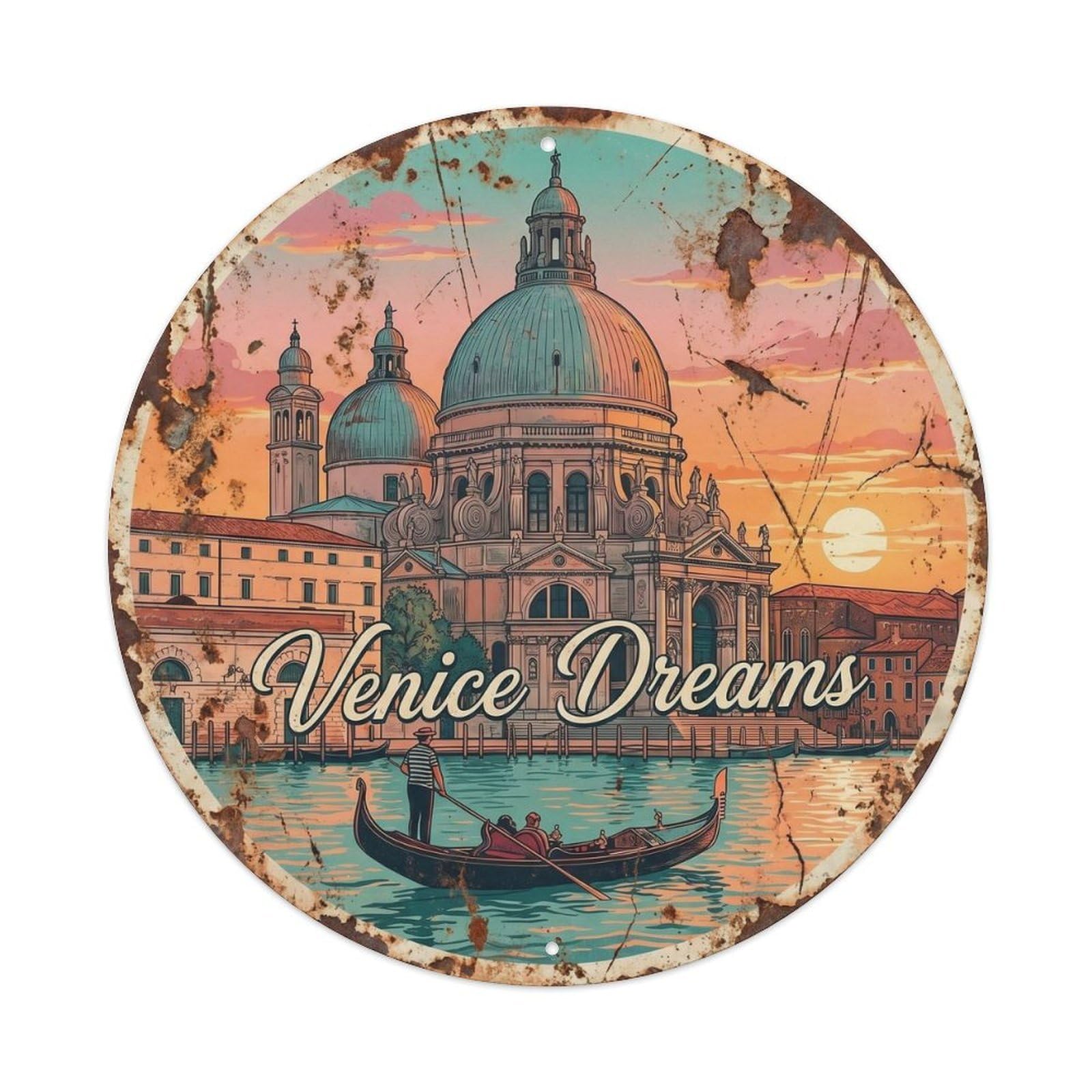 European Venice Dome Basilica Travel Cathedral Historic Metal Tin Sign Plaque Wall Decor for Cafe, Man Cave, Club Bar, Office, Home Garden Round Metal Poster 8x8Inch